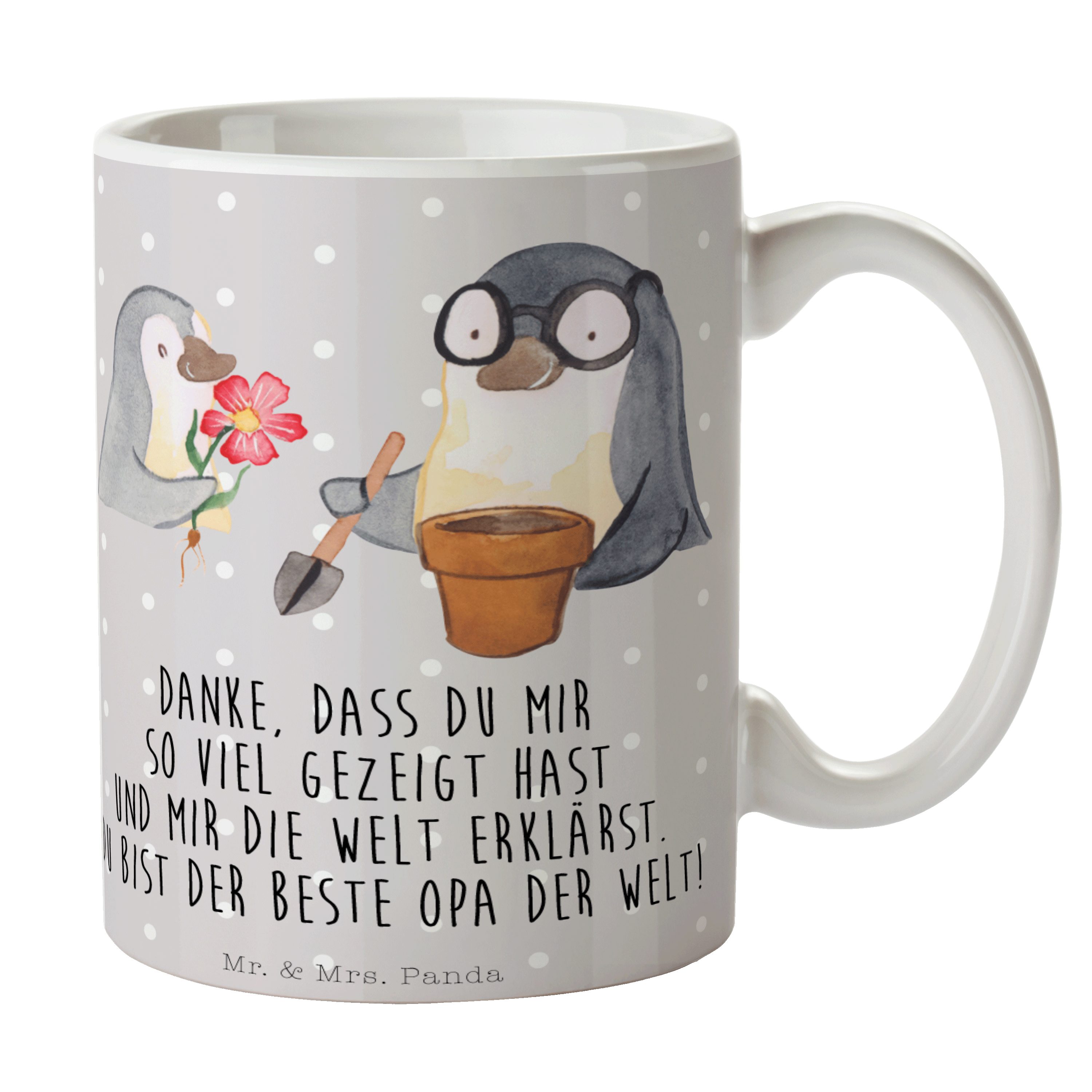 Mr. & Mrs. Panda Tasse Pinguin Opa Blumen pflanzen - Grau Pastell - Geschenk, Gärtner, Teebe, Keramik