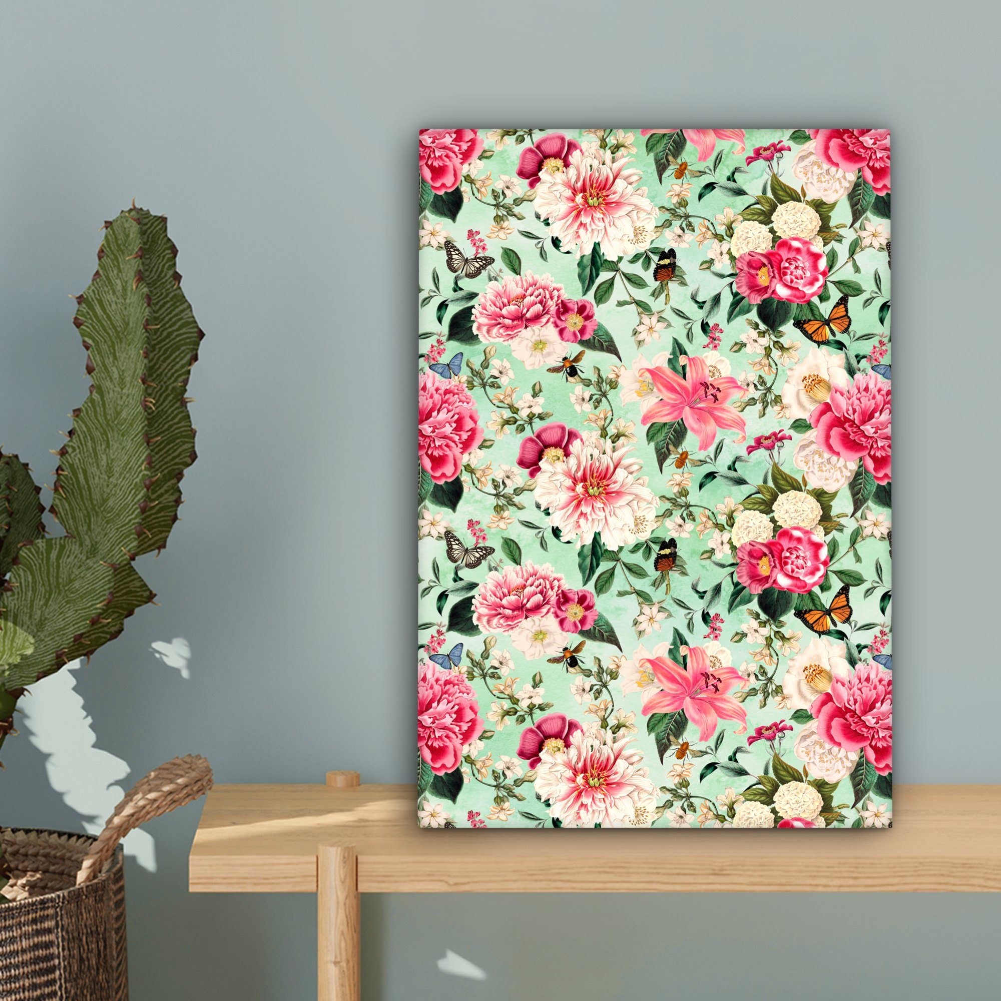 Leinwandbild cm OneMillionCanvasses® inkl. Gemälde, St), bespannt fertig (1 Zackenaufhänger, 20x30 - Rosa Schmetterling, Leinwandbild - Blumen