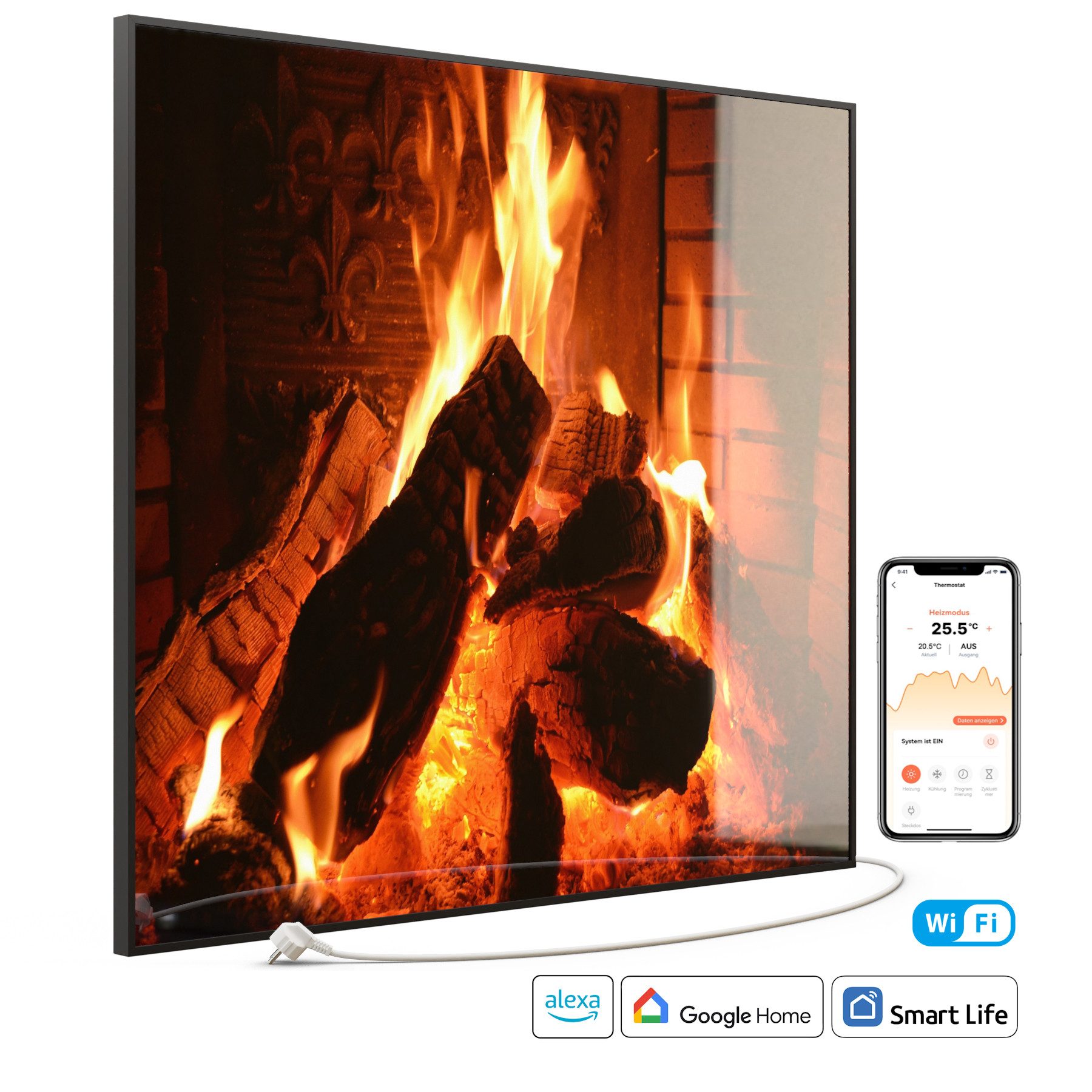 STEINFELD Heizsysteme Infrarotheizung Glas-Bild 1200W, 114x100cm, Made in Germany, 7 Jahre Garantie, mit Thermostat, Schwarz