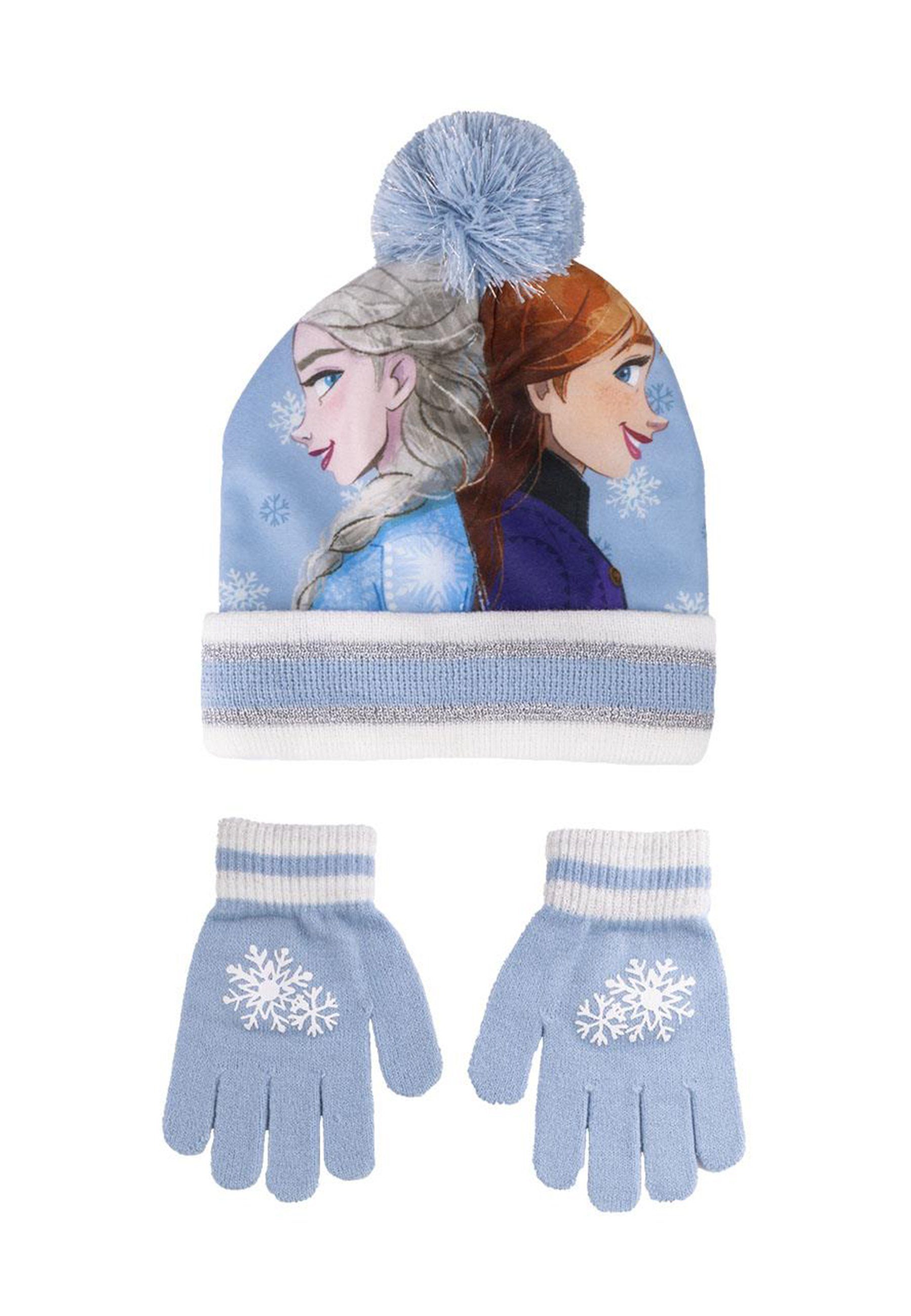 Disney Frozen Bommelmütze Anna & Elsa Kinder Mädchen Winter-Set Mütze Handschuhe (SET)