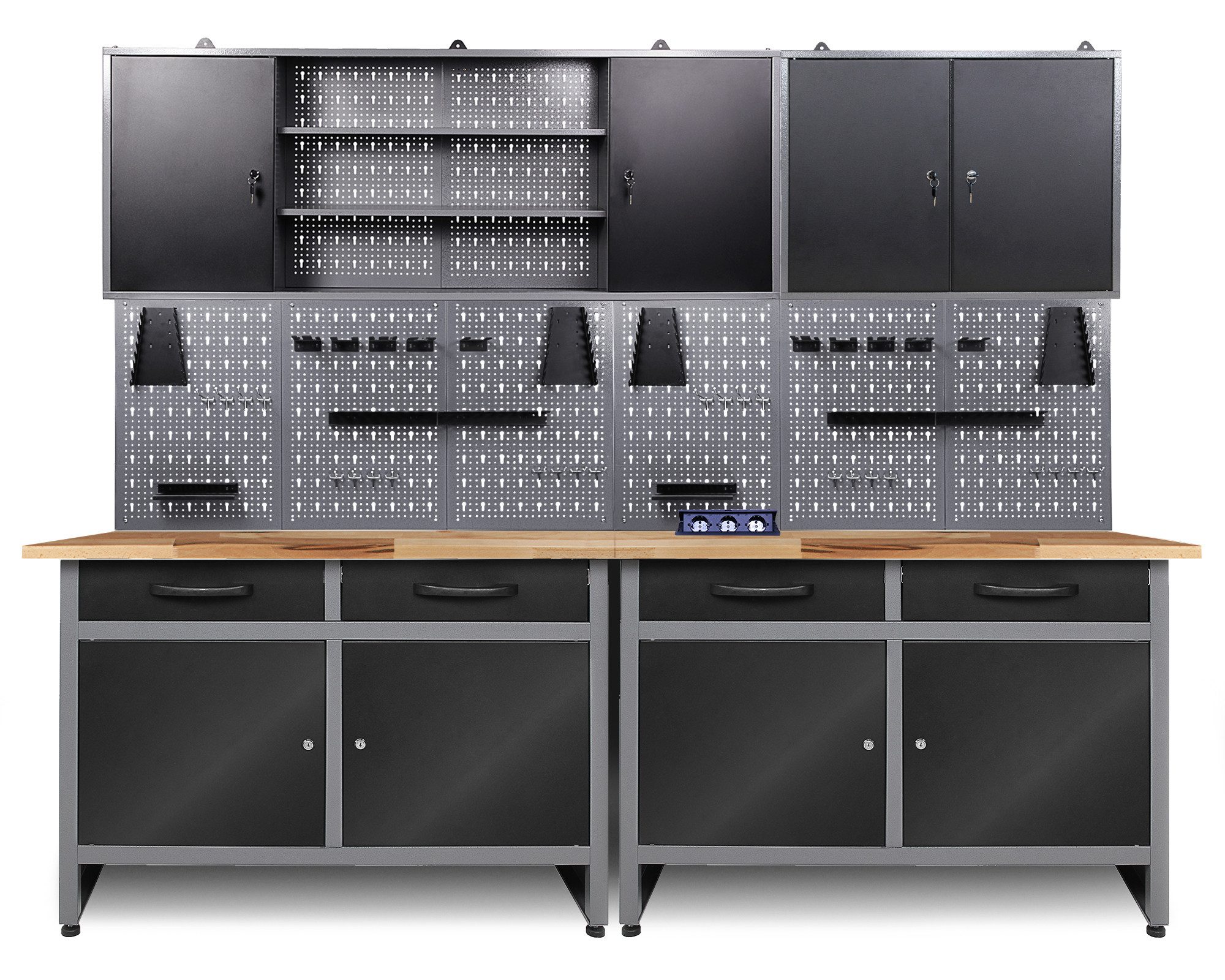 ONDIS24 Werkstatt-Set Werkstatt Set Werner + 2 Schränke und Lochwandset, (7-tlg), 240 x 60 x 205 (H) cm, 2x 120cm Buchenholzarbeitsplatte
