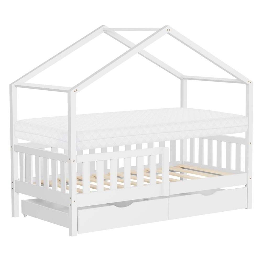ML-DESIGN Spielbett Hausbett Kinderbett inkl. 2 Schubladen, Lattenrost und Rausfallschutz, Abenteuerbett 80x160cm mit Matratze Himmelbett Kiefer Jugendbett Weiß