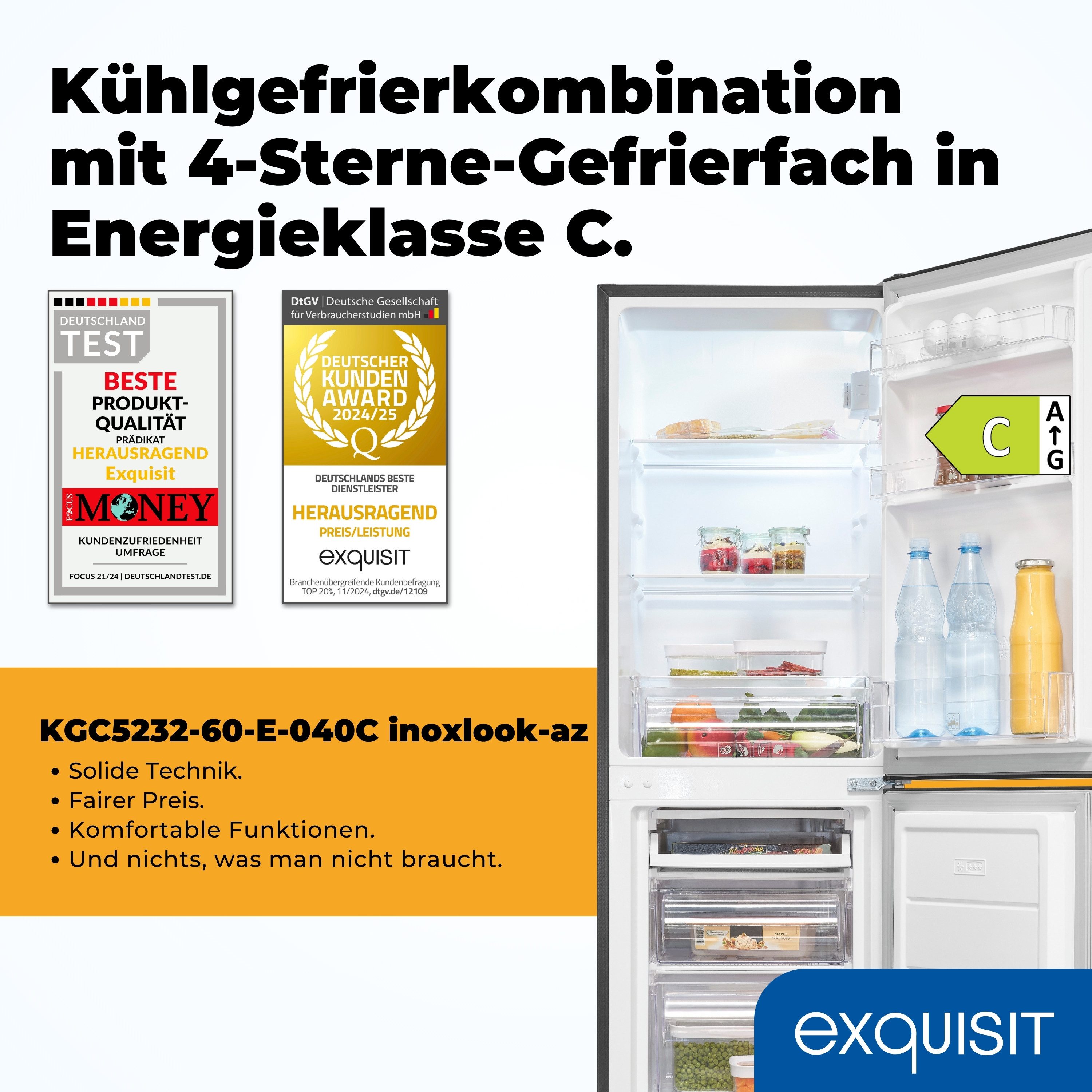 exquisit Kühl-/Gefrierkombination KGC5232-60-E-040C, 142.5 cm hoch, 49.5 cm breit, LED-Licht, 4-Sterne-Leistung, Elektronische Temperaturregelung