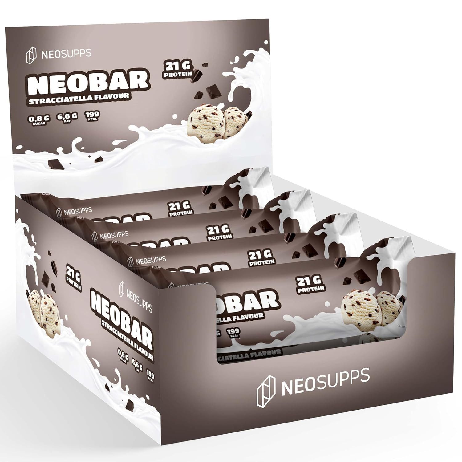 Neosupps NeoBar Proteinriegel Stracciatella 12x60g mit 21g Protein pro Riegel Riegel, Zuckerarm, echte Cremefüllung, Vollmilchschokolade, Made in Germany