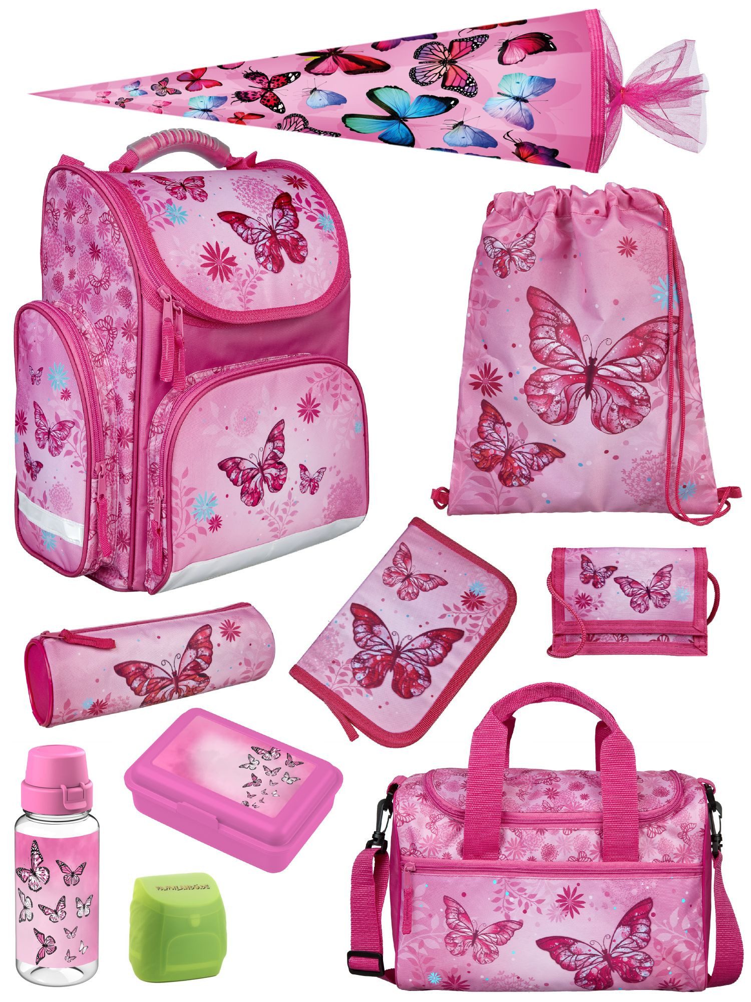 Familando Schulranzen Clou Schmetterling Schultasche, Butterfly rosa, ab 1. Klasse (Komplett-Set, 10-tlg., mit Lunch-Set, Sporttasche und Schultüte 85cm), kompakt, mit 2-Wege Reißverschluss