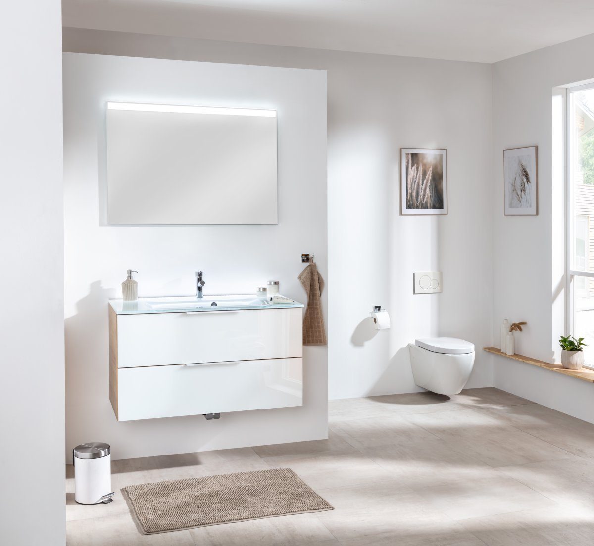 FACKELMANN Waschbeckenunterschrank B.brillant Waschplatz Badmöbelset 100cm - Ast Eiche - Glas Weiß -