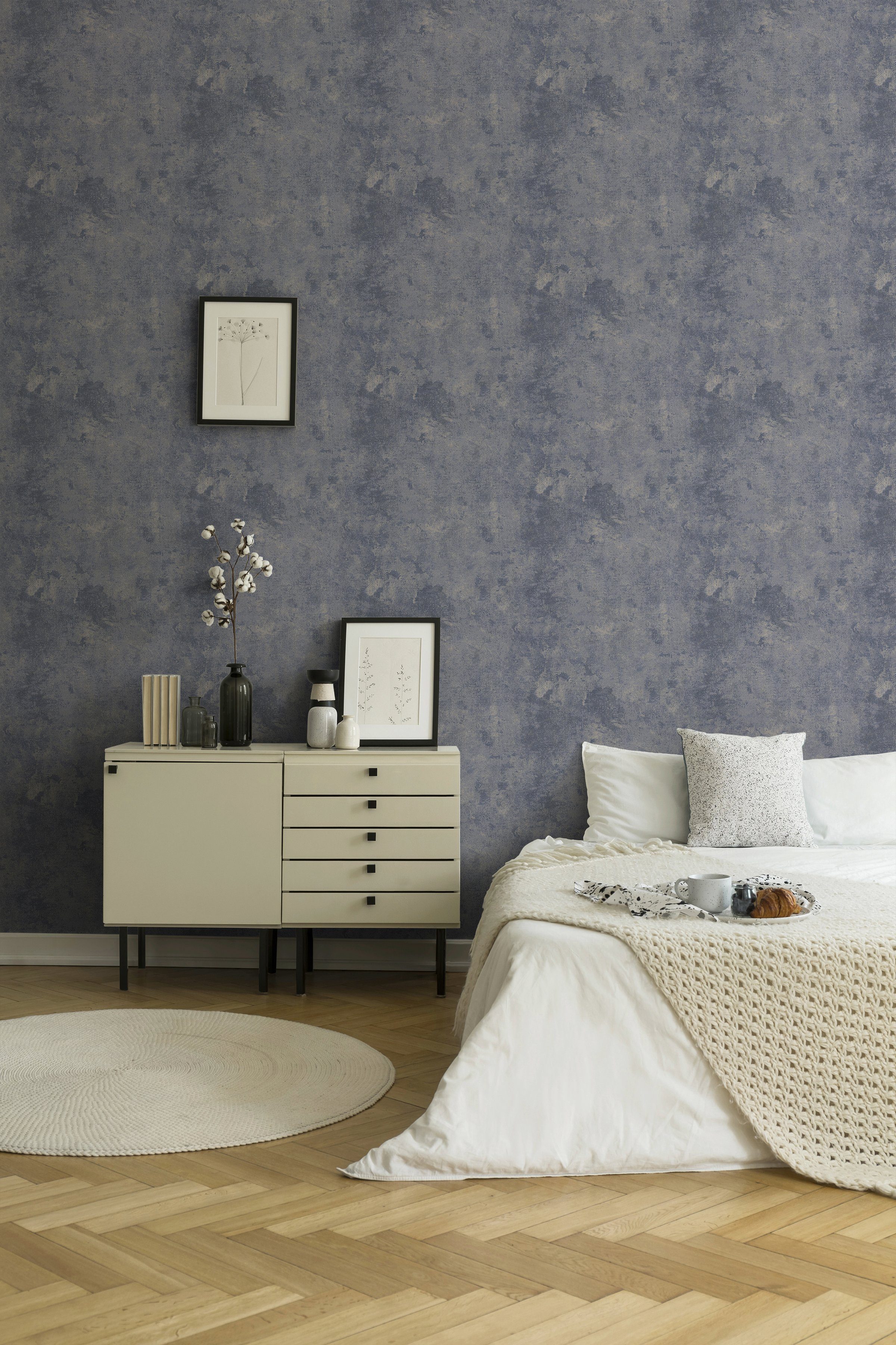 living walls Urban Tapete New blau Uni Optik, uni, Vliestapete Grace Vintage Walls Uni Einfarbig