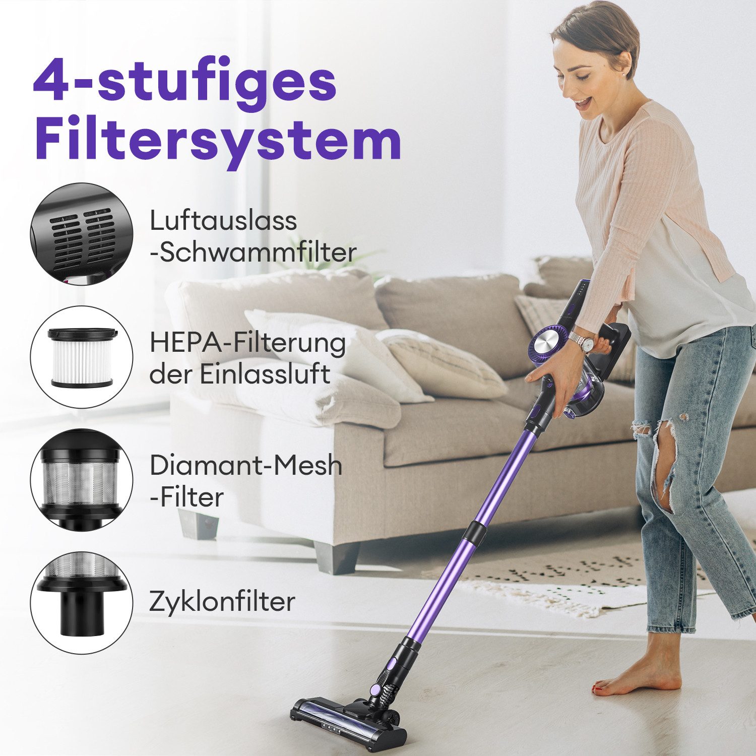 CkeyiN Akku-Hand-und Stielstaubsauger 28000Pa/ 55Min/ 2 Saugstufen Akku Handstaubsauger mit Teleskopstange, 250 W, 4-Stufen-Filter LED-Leuchte Anti-Tangle-Bürste für Boden,Auto,Teppiche