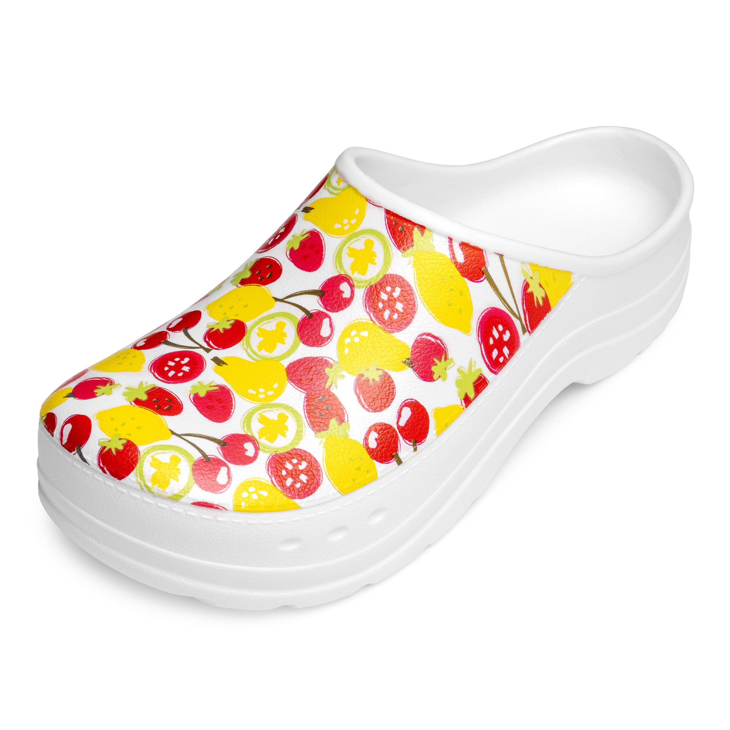 Ladeheid Gartenclogs für Damen Ultraleicht EVA Gemustert Gartenschuhe LA-CA-27 Clog (41 EU, Weiß/Fruchtmotiv1) Wasserdicht & Flexibel