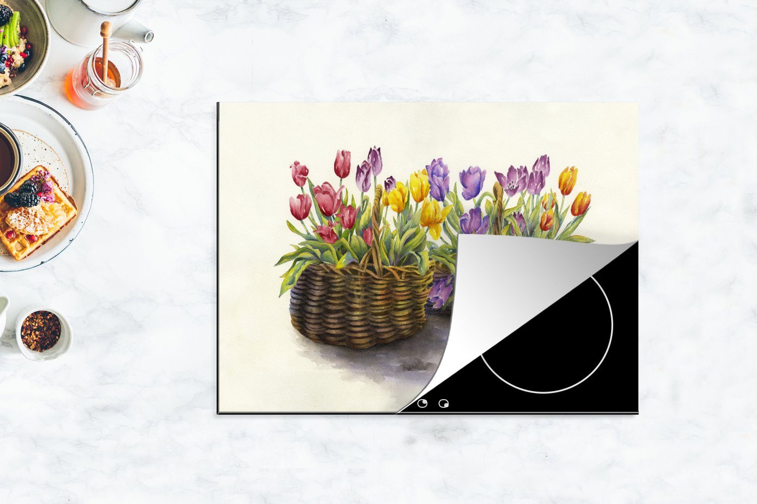 (1 Arbeitsfläche Herdblende-/Abdeckplatte MuchoWow - cm, Tulpen Aquarell, - - Korb Ceranfeldabdeckung Vinyl, 70x52 Mobile Blumen tlg), nutzbar,