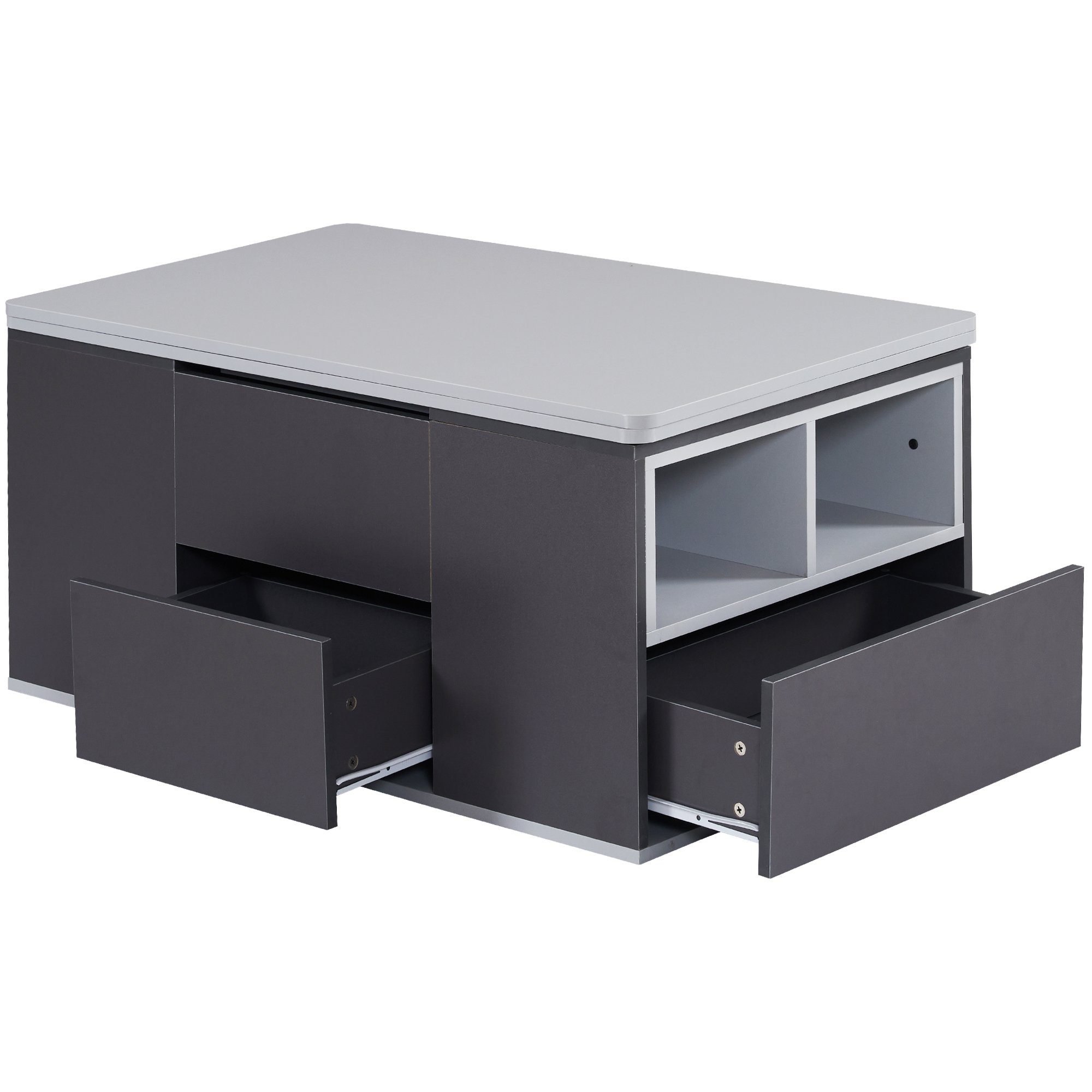 Merax mit ausziehbarer | Beistelltisch multifunktional Grau Schubladen, Tischplatte, Schwarz Couchtisch Wohnzimmertisch, mit