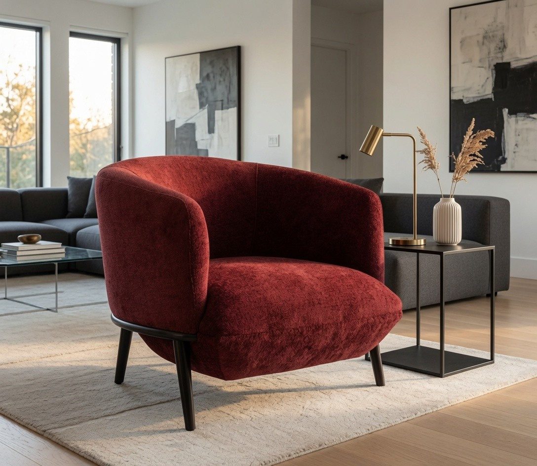 Xlmoebel Loungesessel Weinroter Loungesessel mit robusten Holzbeinen im modernen Stil (1-St., Loungesessel), Made in Europa