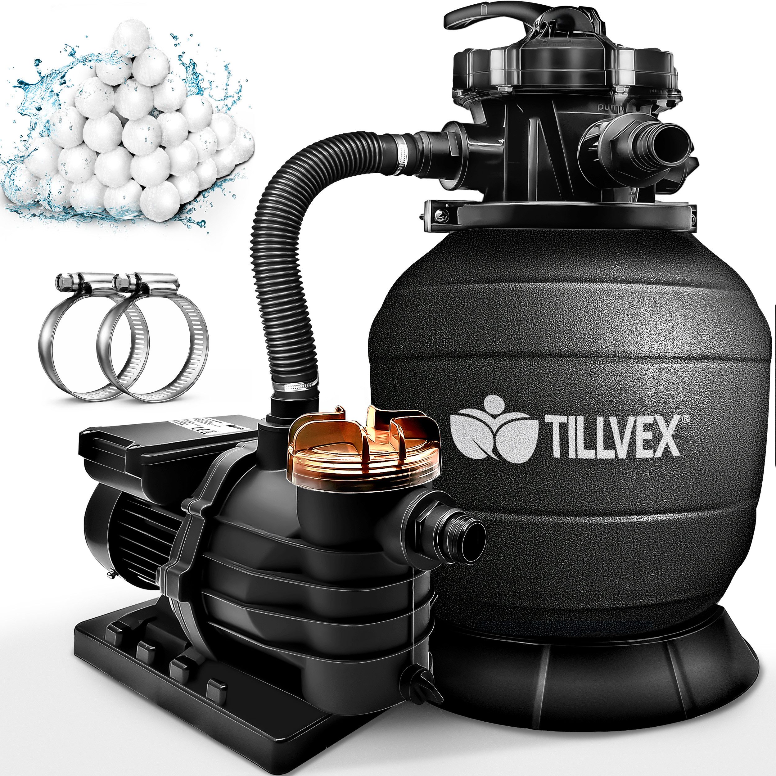 tillvex Sandfilteranlage 10 m³/h Filteranlage + 800g Filterbälle 7-Wege Ventil Poolfilter, Filterkessel mit Druckanzeige Sandfilter für Pool und Schwimmbecken