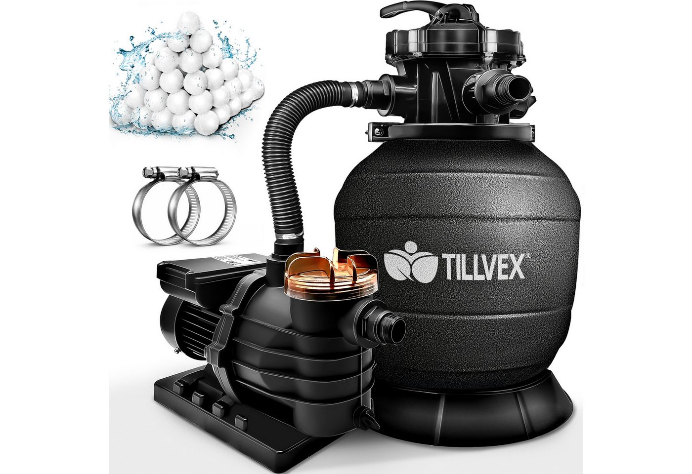 tillvex Sandfilteranlage 10 m³/h Filteranlage + 800g Filterbälle 7-Wege Ventil Poolfilter, Filterkessel mit Druckanzeige Sandfilter für Pool und Schwimmbecken