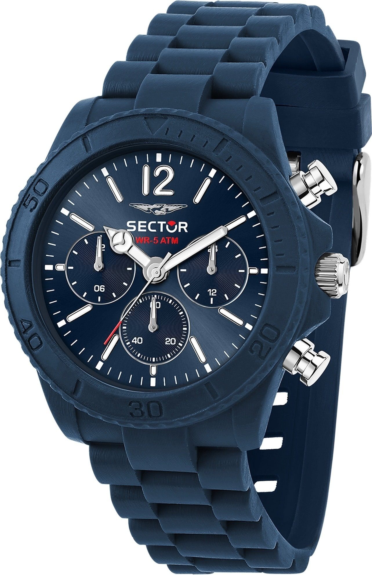 blau, Sector Armbanduhr Armbanduhr rund, 45mm), Multifunktionsuhr Herren Silikonarmband groß (ca. Sector Fashion Herren Multifunktion,