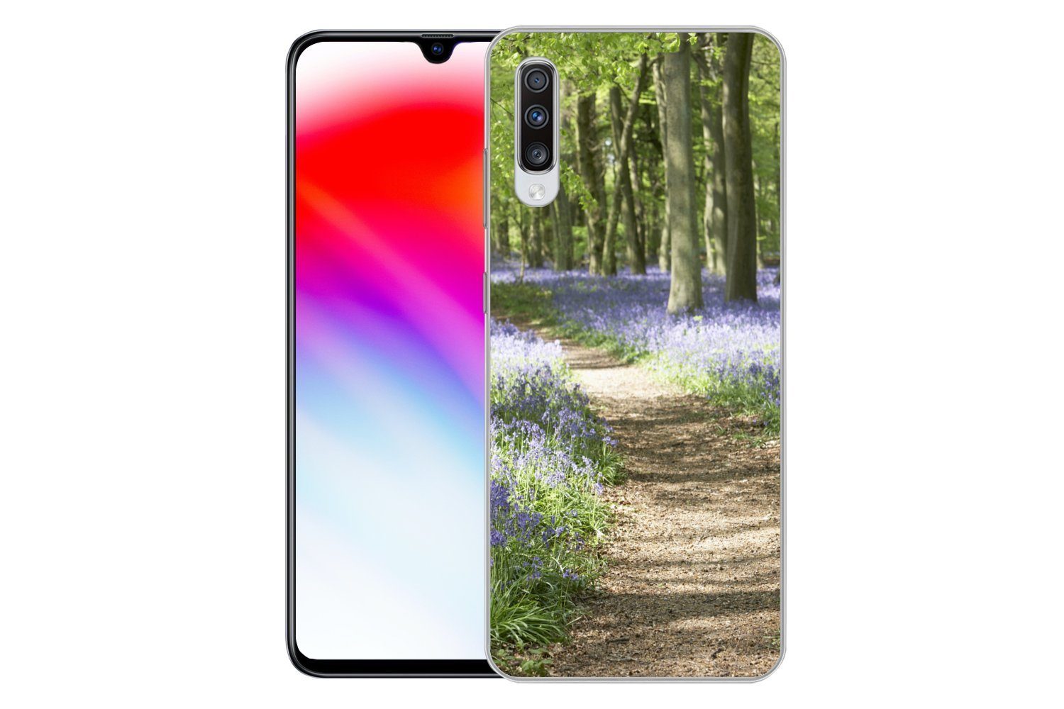 MuchoWow Handyhülle für Samsung Galaxy A70 Wald - Weg - Blumen - Lila - Grün - Natur, Phone Case, Silikon, Schutzhülle Dünn
