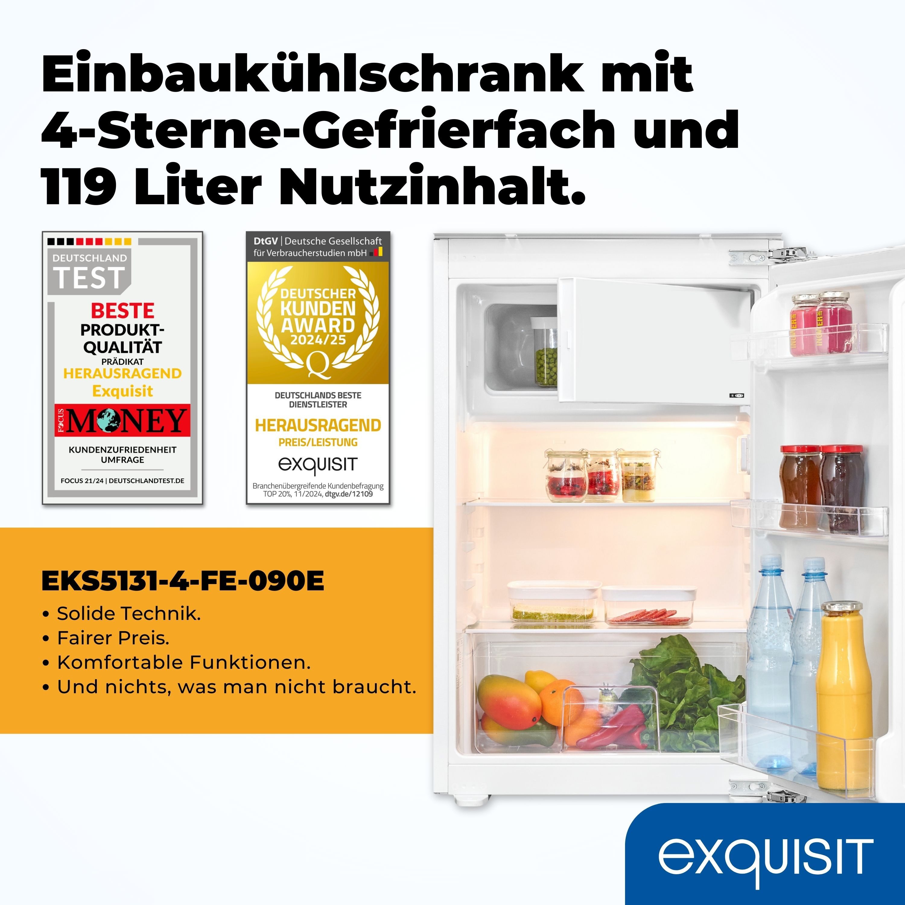 exquisit Einbaukühlschrank EKS5131-4-FE-090E weiss, 87.8 cm hoch, 55 cm breit,4-Sterne-Gefrierfach, Geräuscharmer Betrieb, LED-Innenbeleuchtung