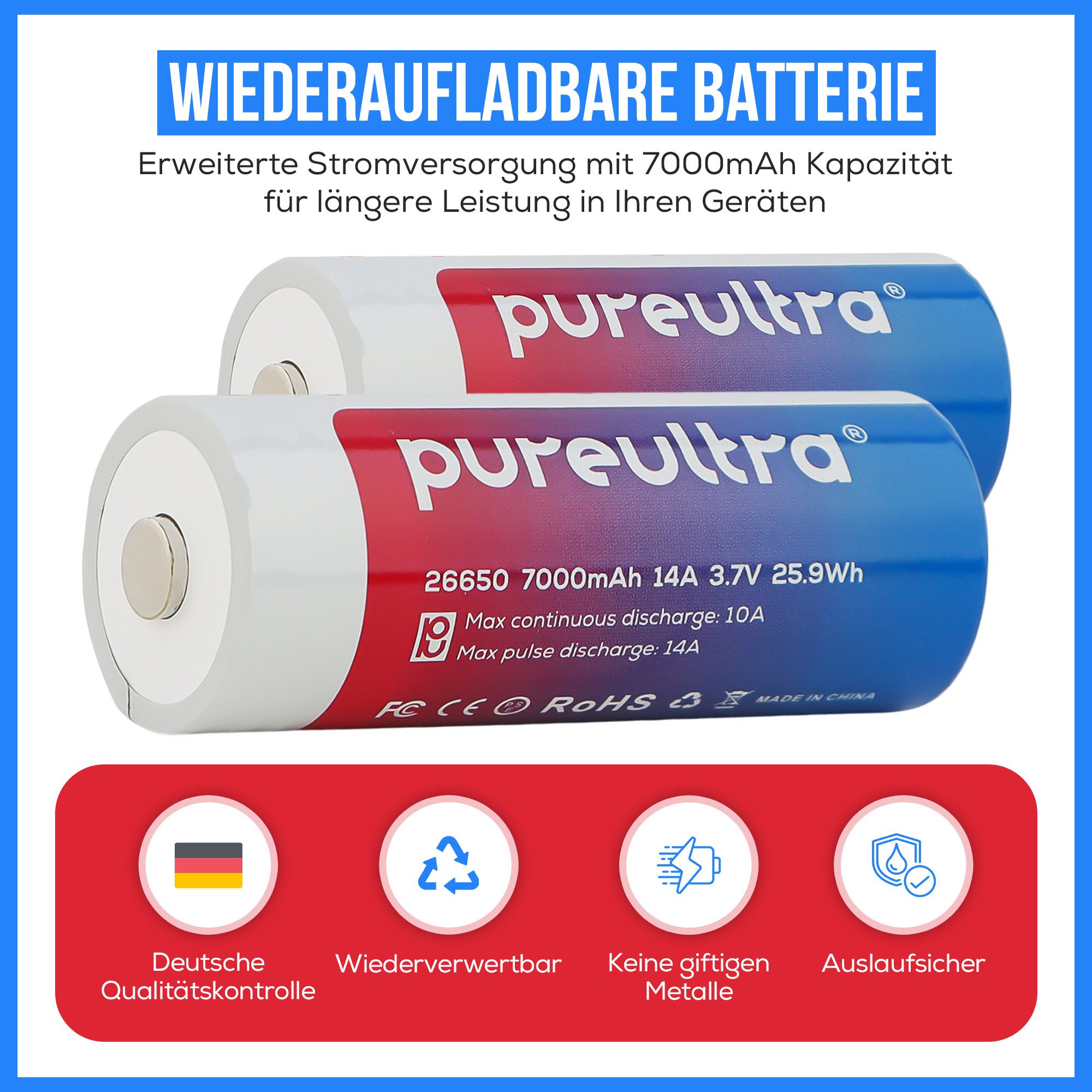 PureUltra 26650 Akku 5000 - 7000mAh High Drain 14A 7000 mAh (3,7 V), Li-Ion Hochleistungsakku mit PCB