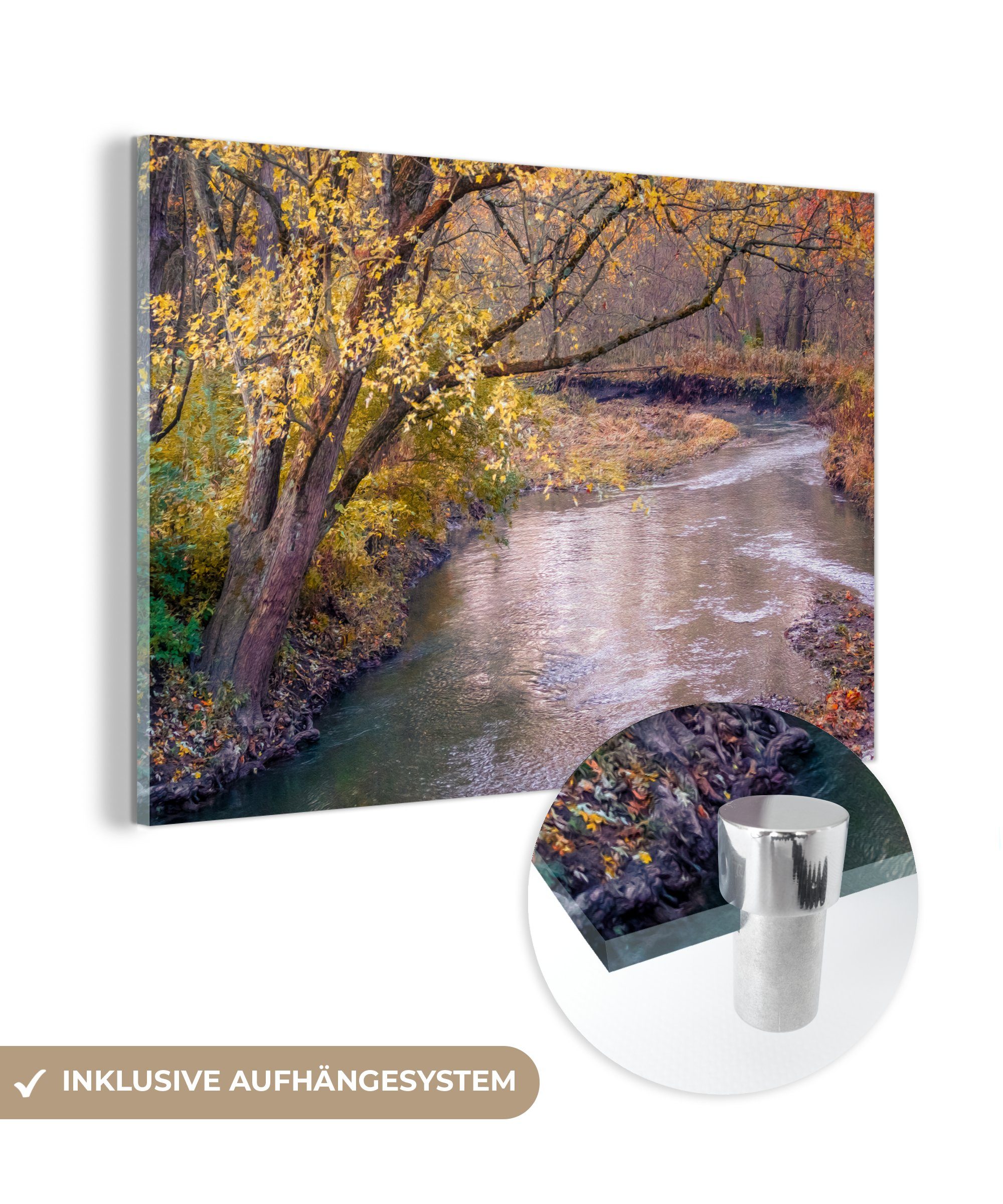 MuchoWow Acrylglasbild Fluss durch herbstlichen Wald in Illinois, (1 St), Acrylglasbilder Wohnzimmer & Schlafzimmer