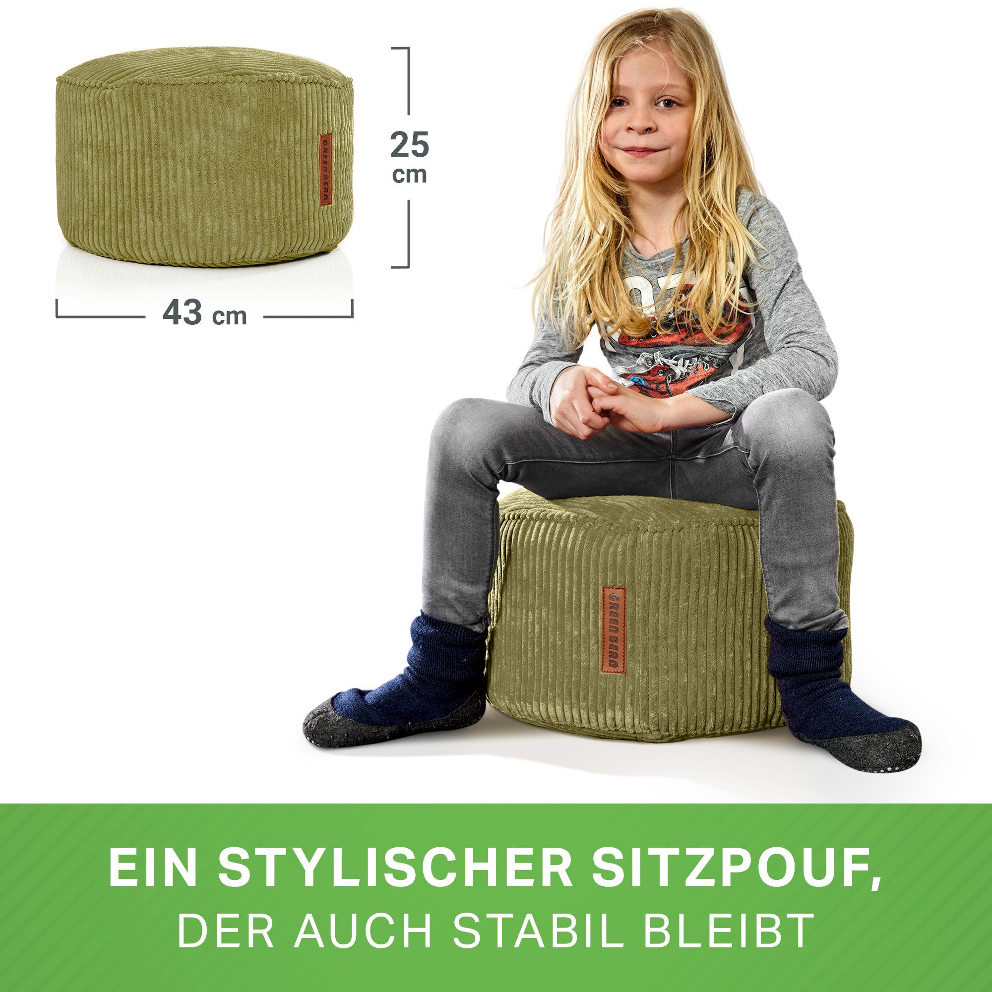 x 25 cm, Cord Sitzkissen Relax-Sessel Bean Green Pouf Sitzhocker Grün 45 Sitzhocker Pouf Indoor