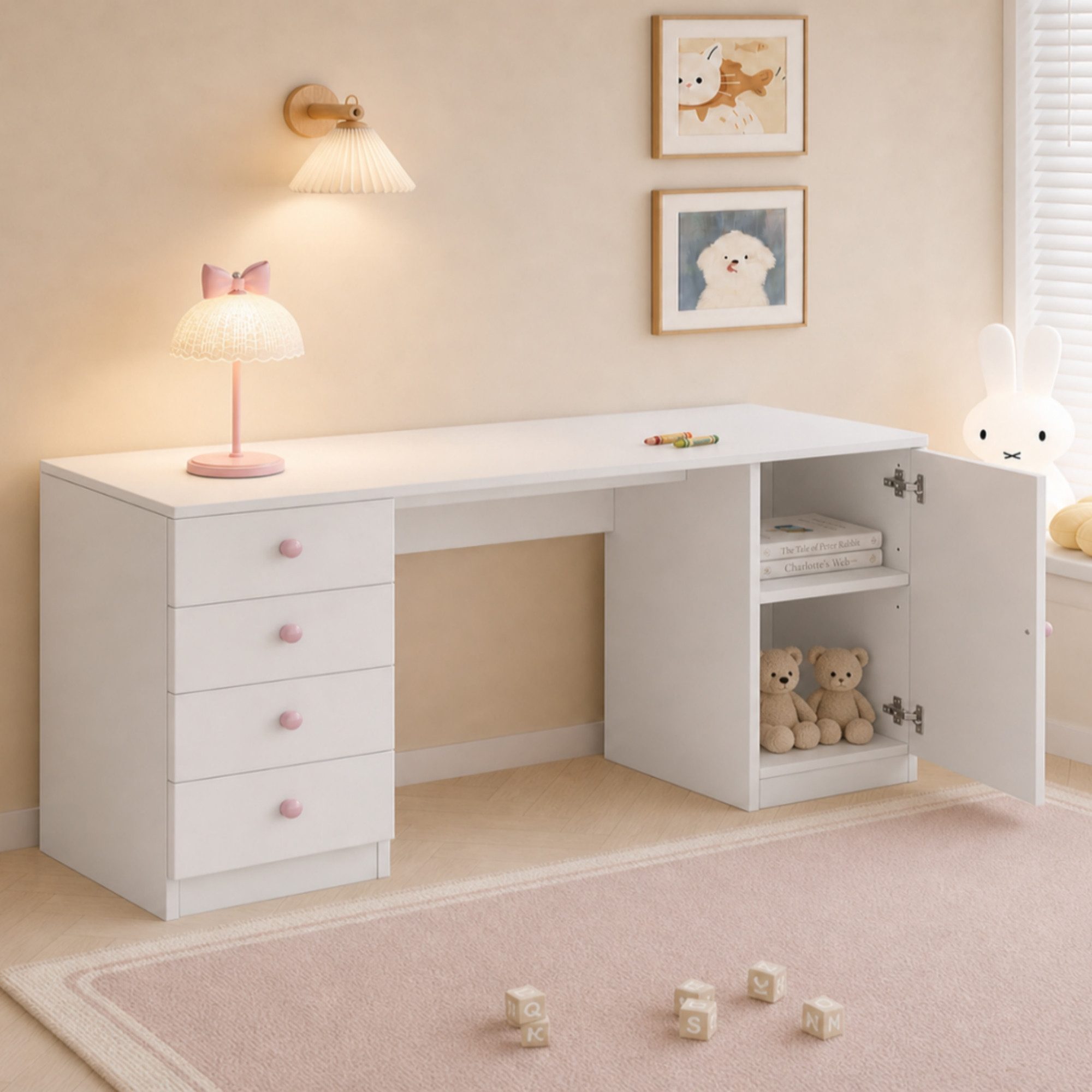 REDOM Kinderschreibtisch Design-Arbeitstisch – weiße Optik & rosa Griffe (Packung, 1-St., Weiß, 155×45×75 cm, für Schlafzimmer & Büro), 4 Schubladen, Ablage, pflegeleicht