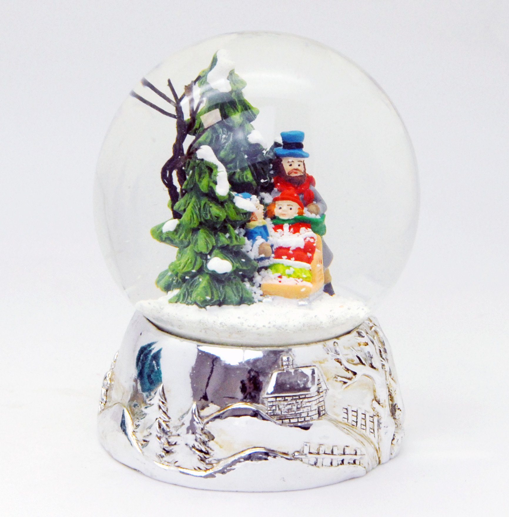 MINIUM-Collection Schneekugel Familienspaziergang Silber Sockel Landschaft mit Spieluhr 10 cm