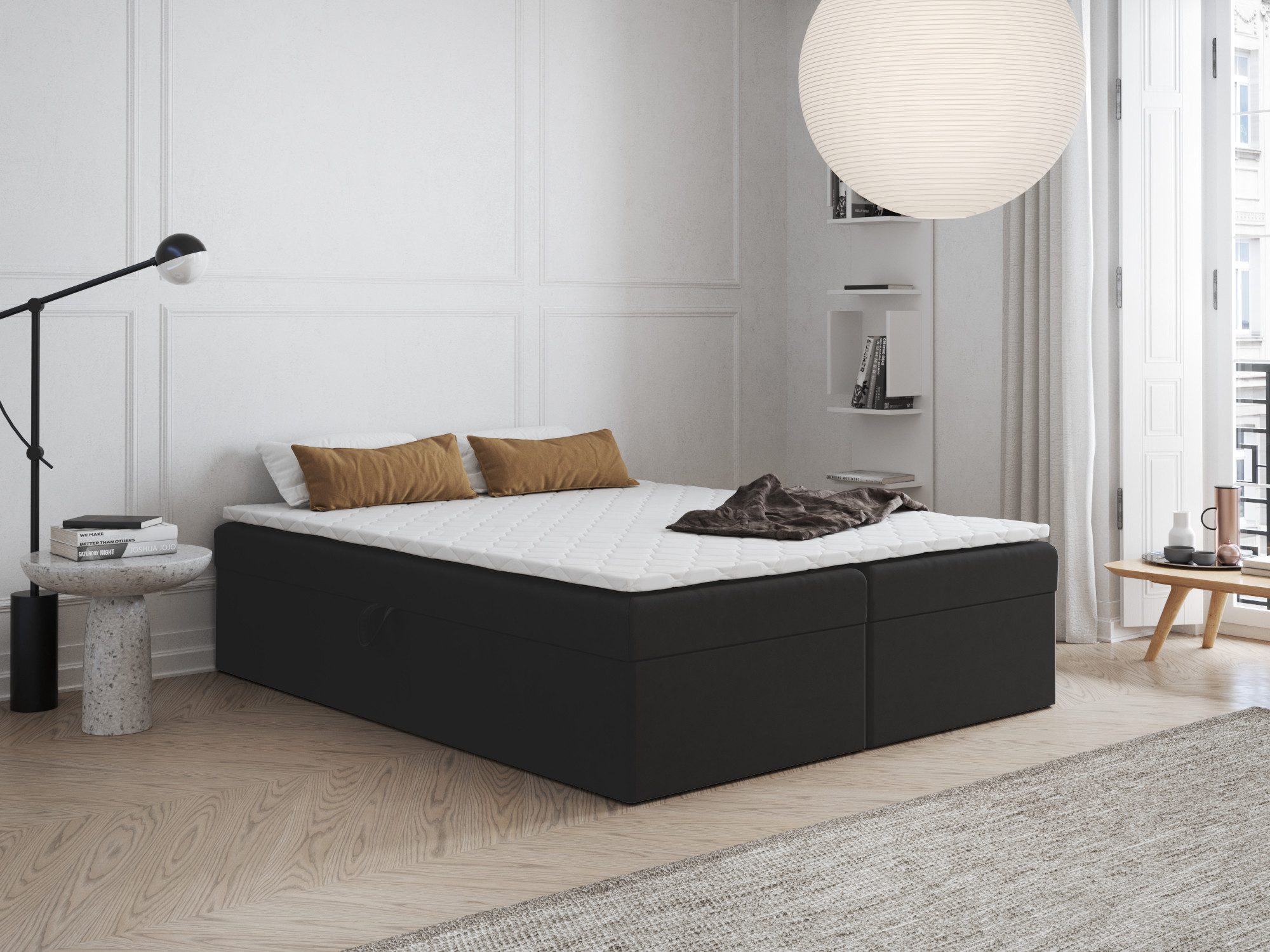 Godre Boxspringbett FARO 2 140x190 mit Bonell Materatze Topper T Visco (Bett + Matratze + Topper T Visco), Bett mit zwei seitlich zu öffnenden Kästen