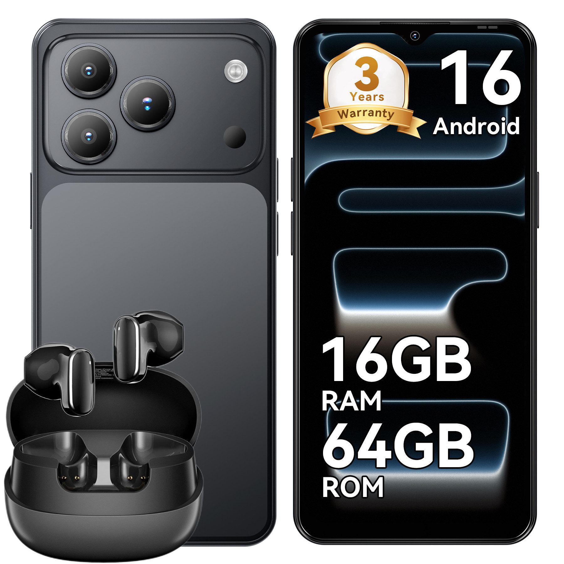 blackview Blackview A16 WAVE 7C (16+64) 60HZ 5000mAh AI und Kopfhörer Smartphone (32 MP Kamera, 4G Dual SIM/Face ID/IP54/GPS/3 Jahre Garantie)