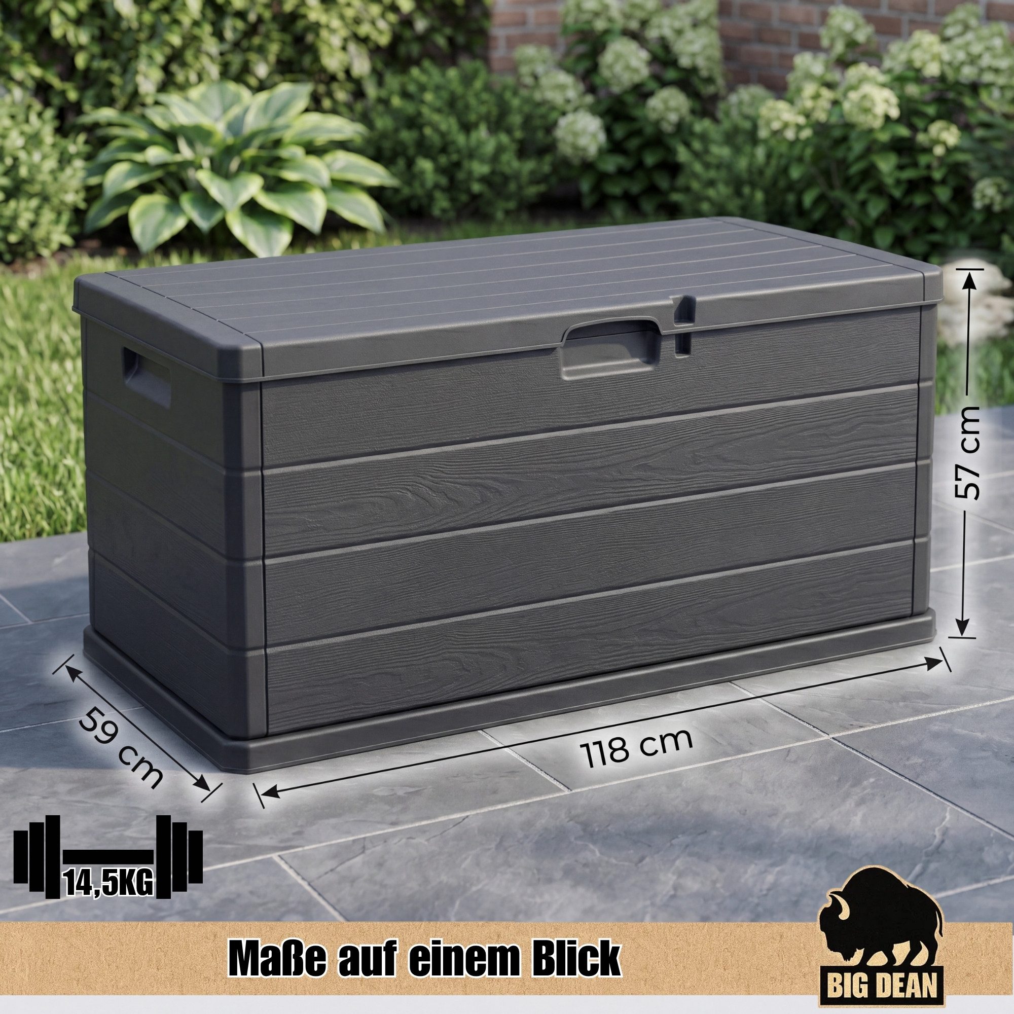 BigDean Auflagenbox Kissenbox Klicksystem 340 Liter Deckel abschließbar Stabil (Packung, 1 St., Gartenbox), Viel Strauraum, Wetterfest, UV-Beständig, Stabil, Abschließbar.