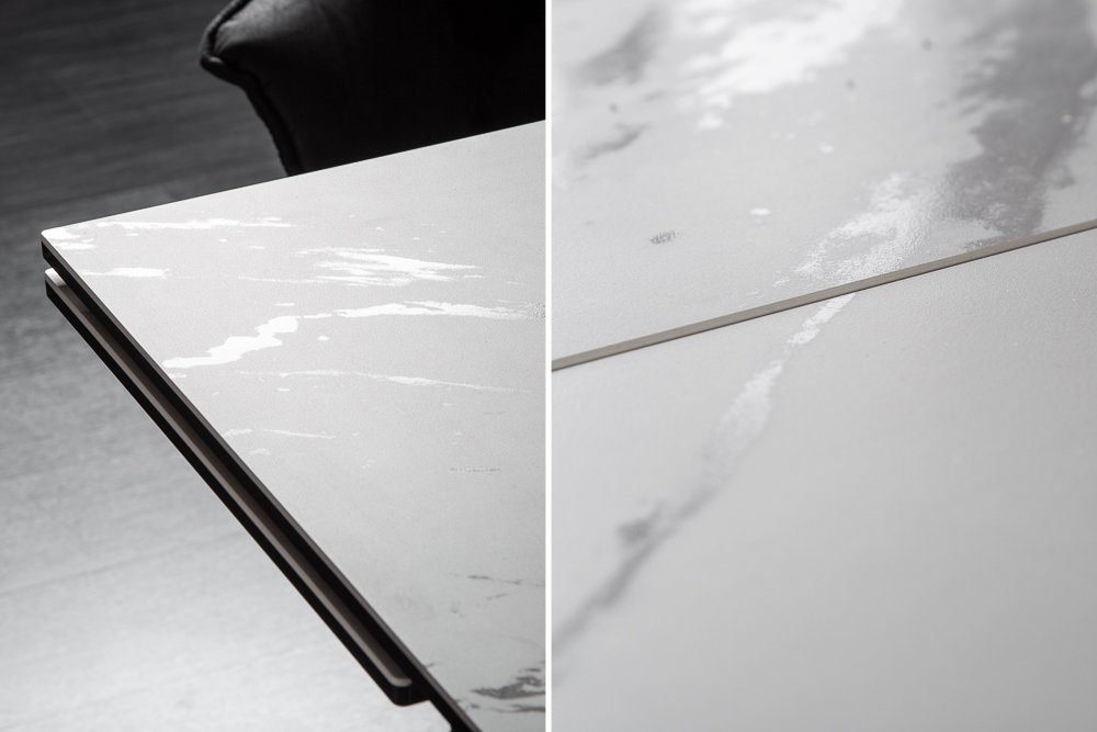 riess-ambiente Esstisch (Einzelartikel, bis | grau 1-St), 180-220-260cm weiß, 12 / Industrial · Personen ausziehbar dunkelgrau dunkelgrau weiß | PROMETHEUS Keramik Glas · Metall weiß-grau Marmor-Design · · · ·