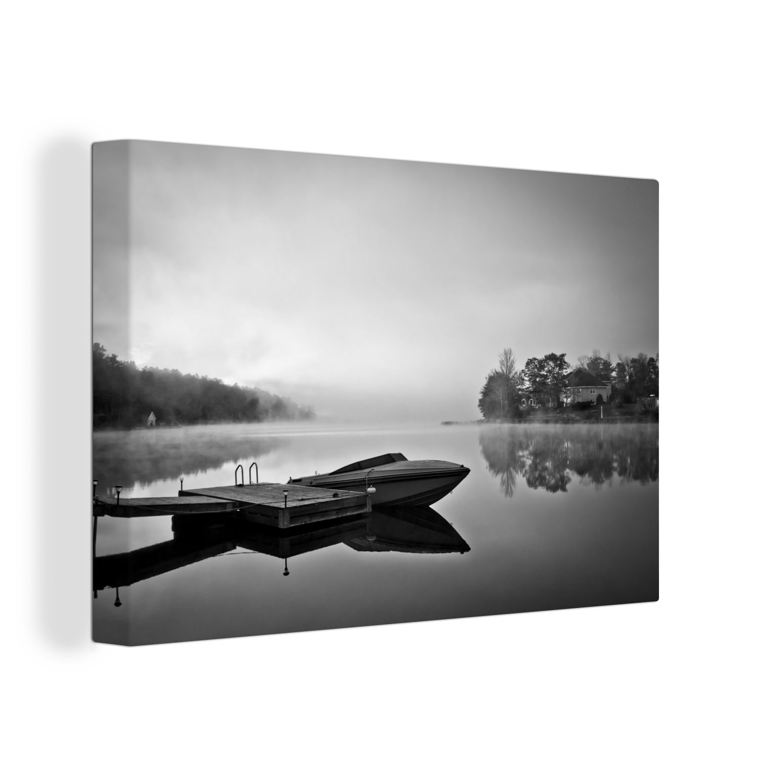 OneMillionCanvasses® Leinwandbild Schnellboot liegt am Steg - schwarz und weiß, (1 St), Wandbild Leinwandbilder, Aufhängefertig, Wanddeko, 30x20 cm
