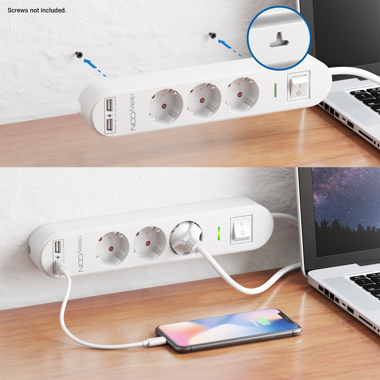 Schalter 3,0m USB 3 mit Weiß & deleyCON Fach deleyCON Steckdosenleiste EIN/AUS Steckdosenleiste