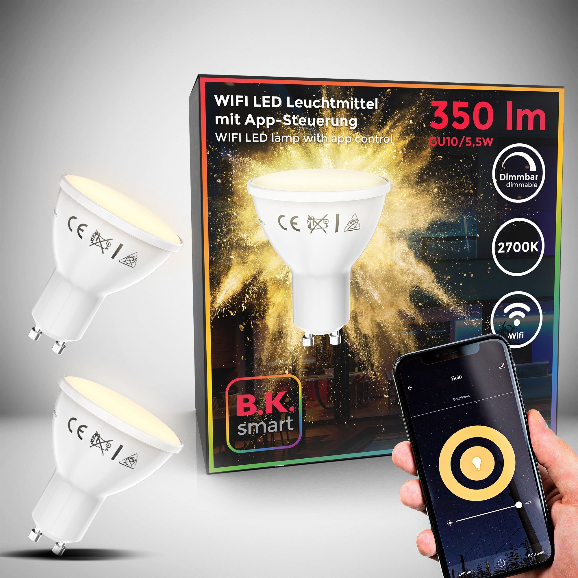 2 GU10, LED-Leuchtmittel, B.K.Licht App-Steuerung, Warmweiß, dimmbar Smart LED-Lampe, RGB, WiFi, St., Home