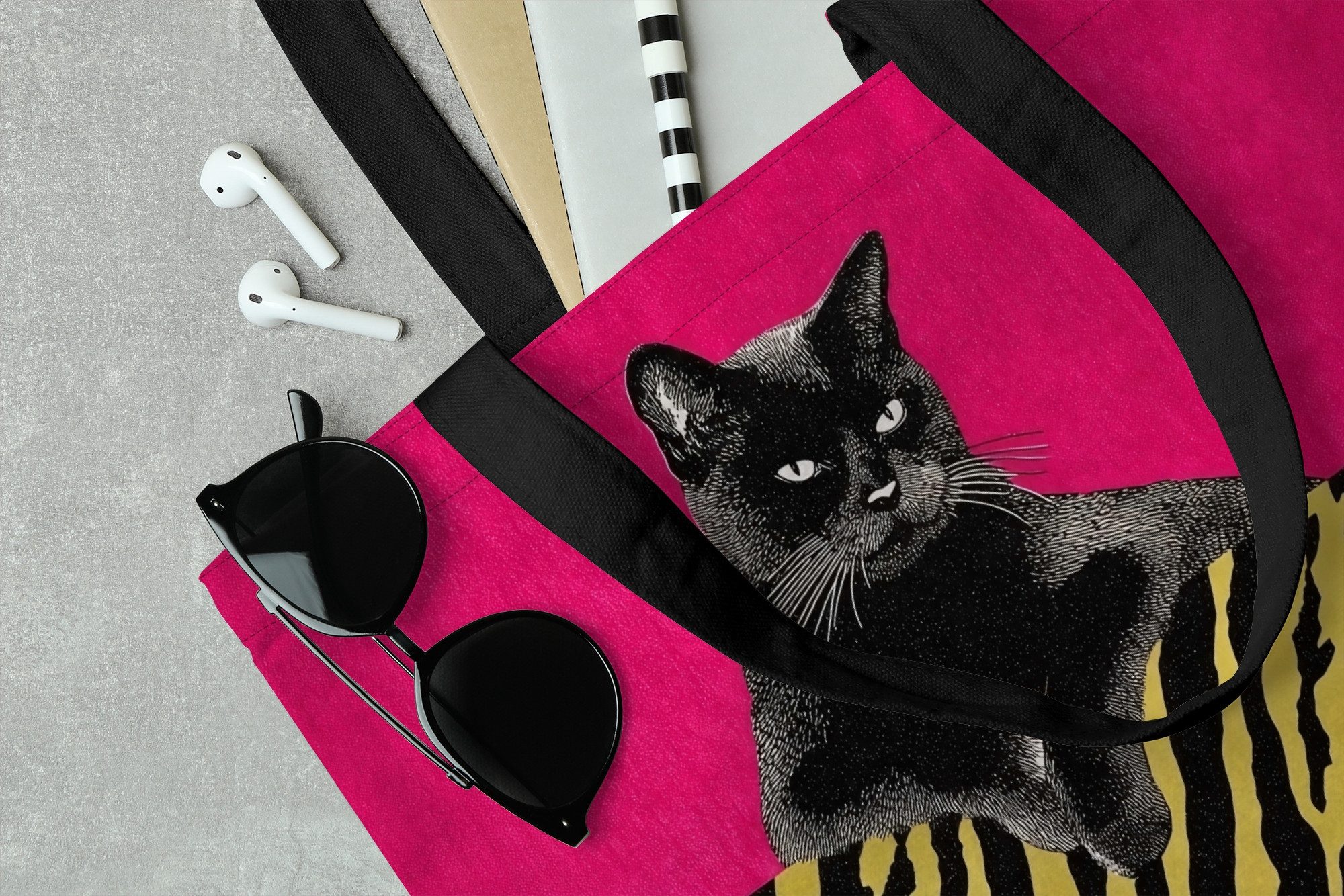 MuchoWow Shopper Katze - Boss - Rosa - Tigerdruck, Handtasche, Damen und Herren, Schultertasche, Umhängetasche, Tote Bag