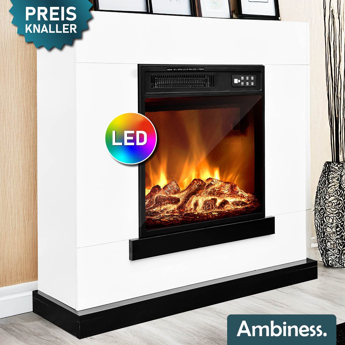 AMBINESS Elektrokamin 2 Heizstufen, 900W - 2000W, LED - 3D Flammeneffekt mit Farbwechsel, inkl. Fernbedienung Timer & Thermostat