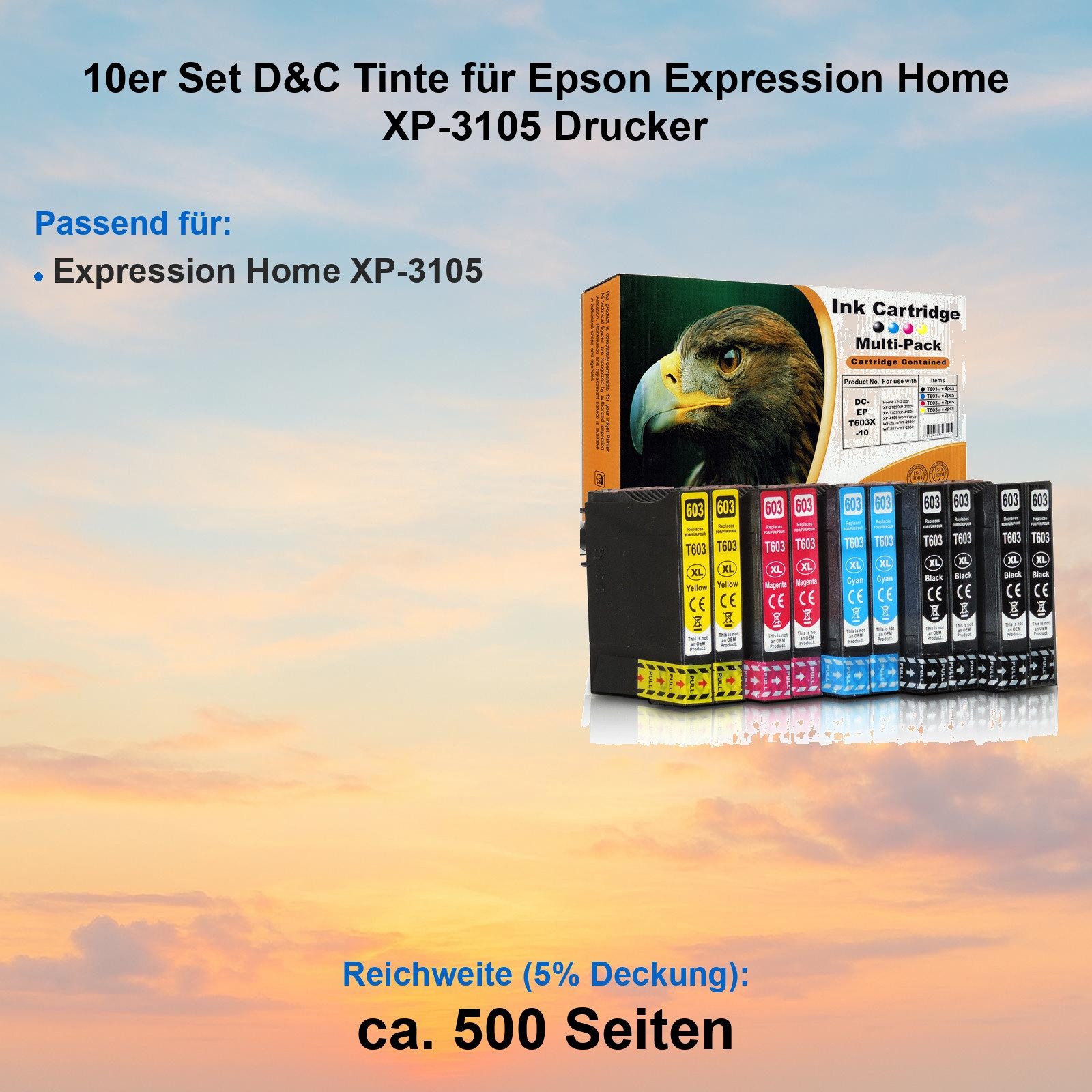 10er Set D&C Tinte für Epson Expression Home XP-3105 Drucker Tintenpatrone (für Epson Expression Home XP-3105 und weitere)