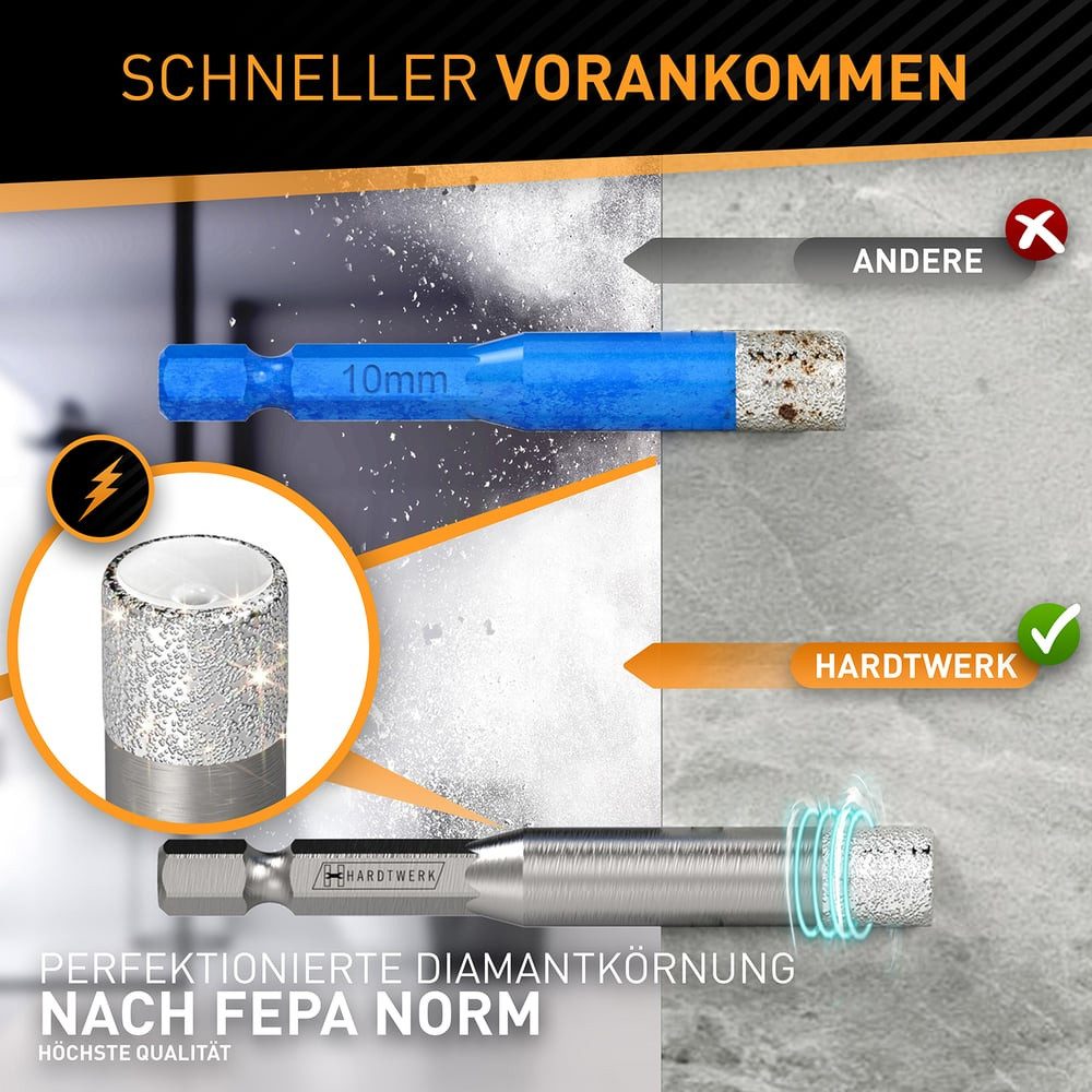 Hardtwerk® Diamanttrockenbohrer Set 6-teilig inkl. Reinigungspin, für Keramik Granit Quarz Kalkstein Marmor Diamantkornung Fliesenarbeit – Bild 4 von 5