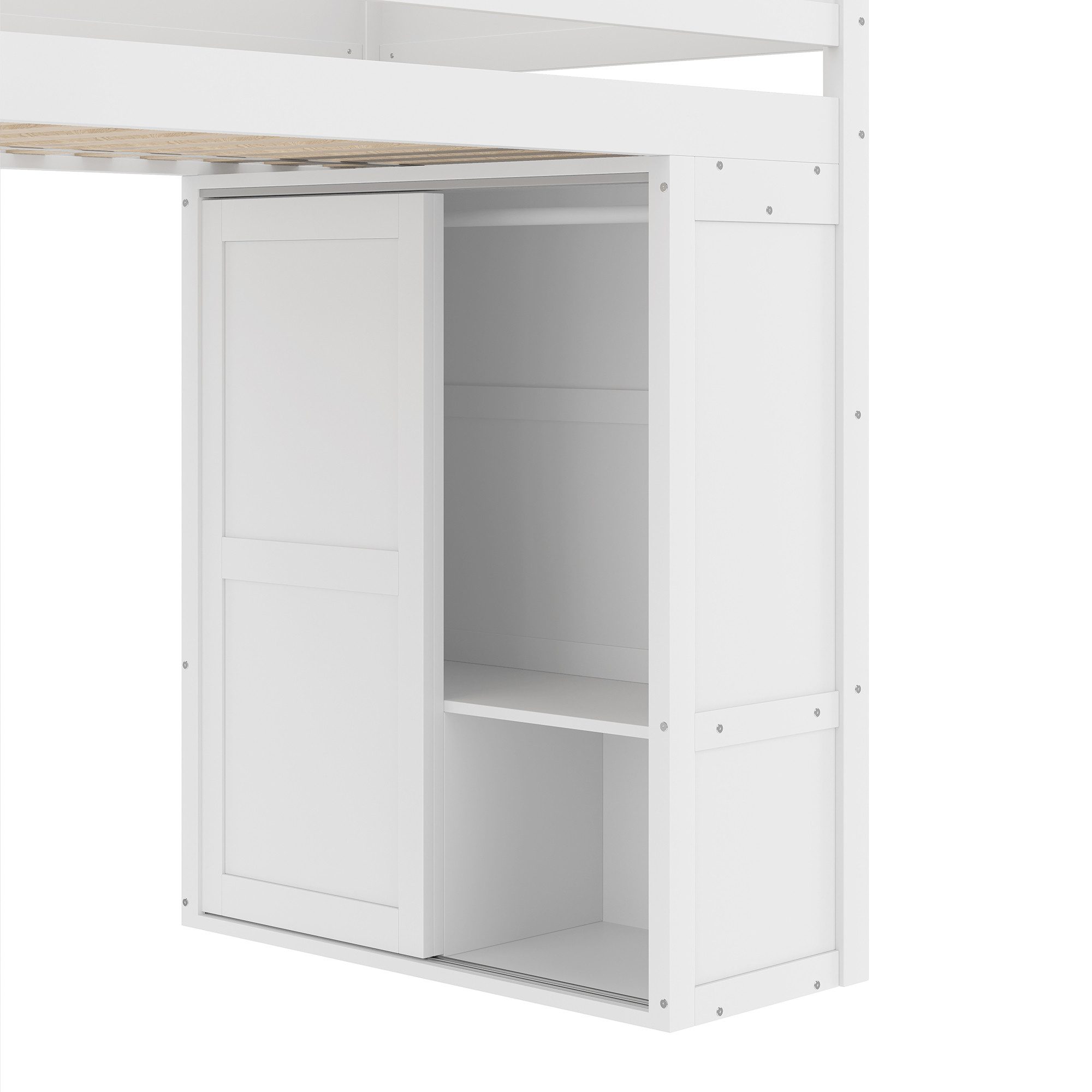 TavilaEcon Hochbett aus massivem Kiefernholz und MDF, mit Kleiderschrank 90×200cm, weiß