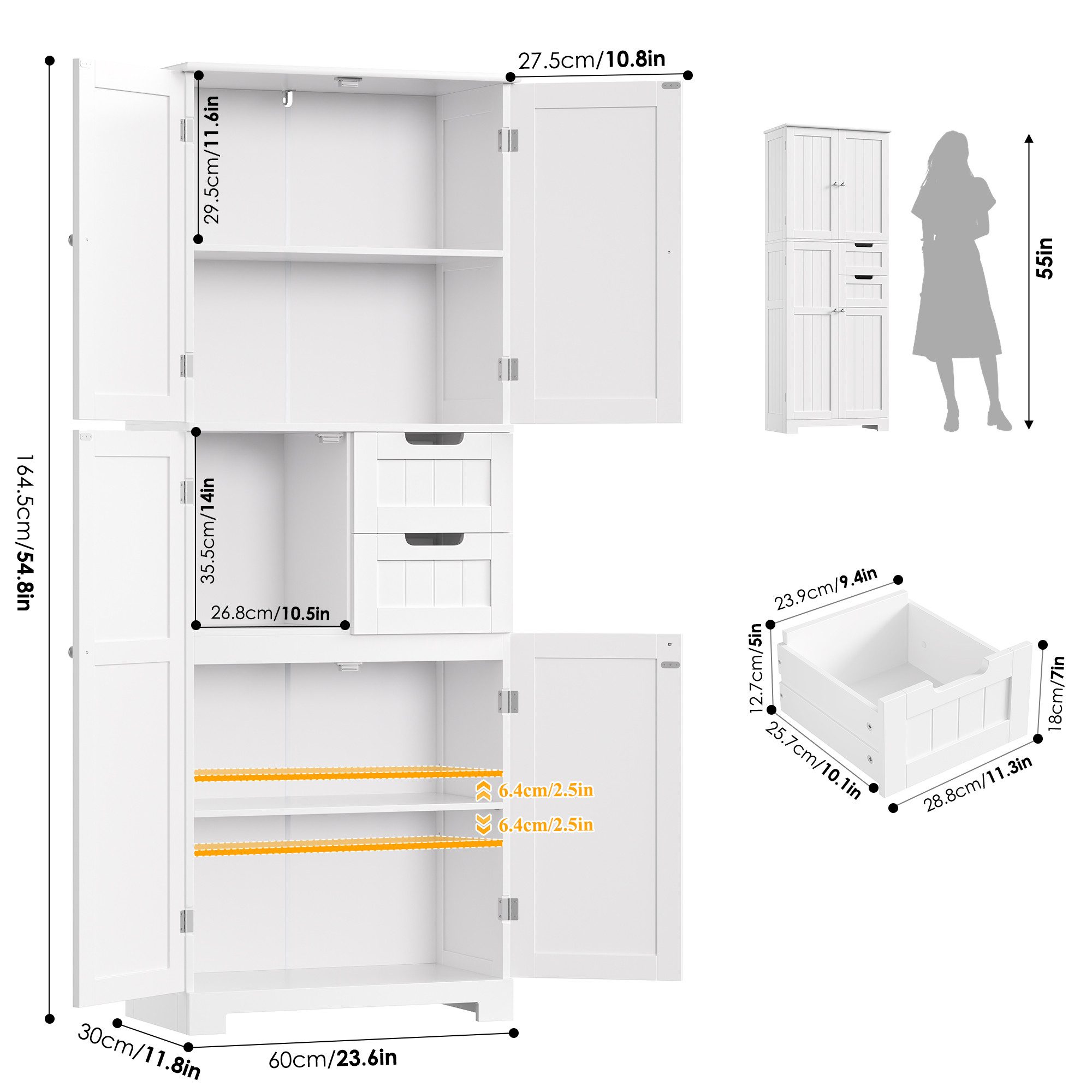 HOMECHO Hochschrank Badezimmerschrank mit 4 Türen 2 Schubladen für Wohnzimm günstig online kaufen
