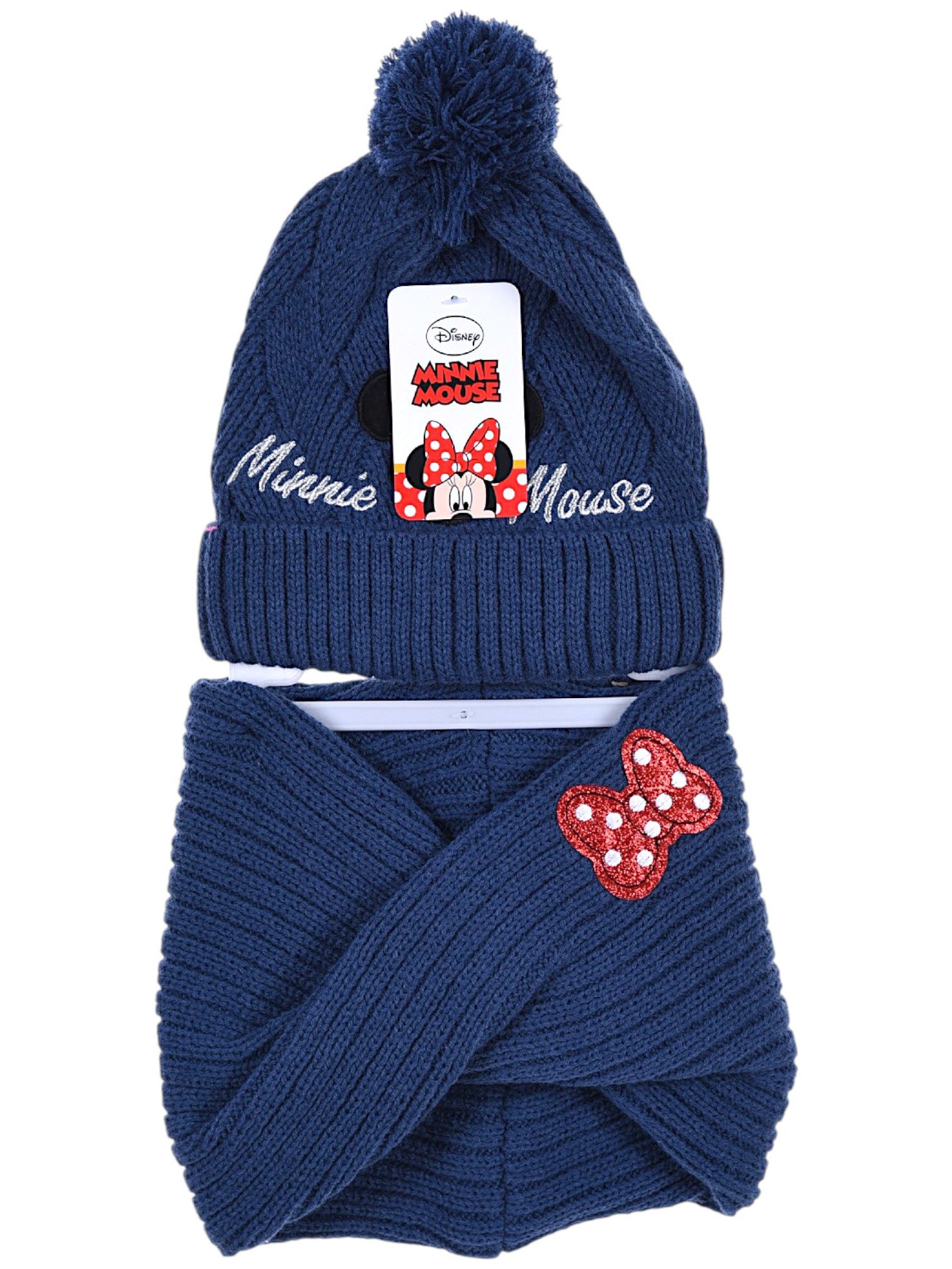 Disney Minnie Mouse Bommelmütze gestrickt mit breitem Rippumschlag und glitzernde Akzente (2-St) Set mit Handschuhen - Wintermütze für Mädchen Gr. 52,54 cm