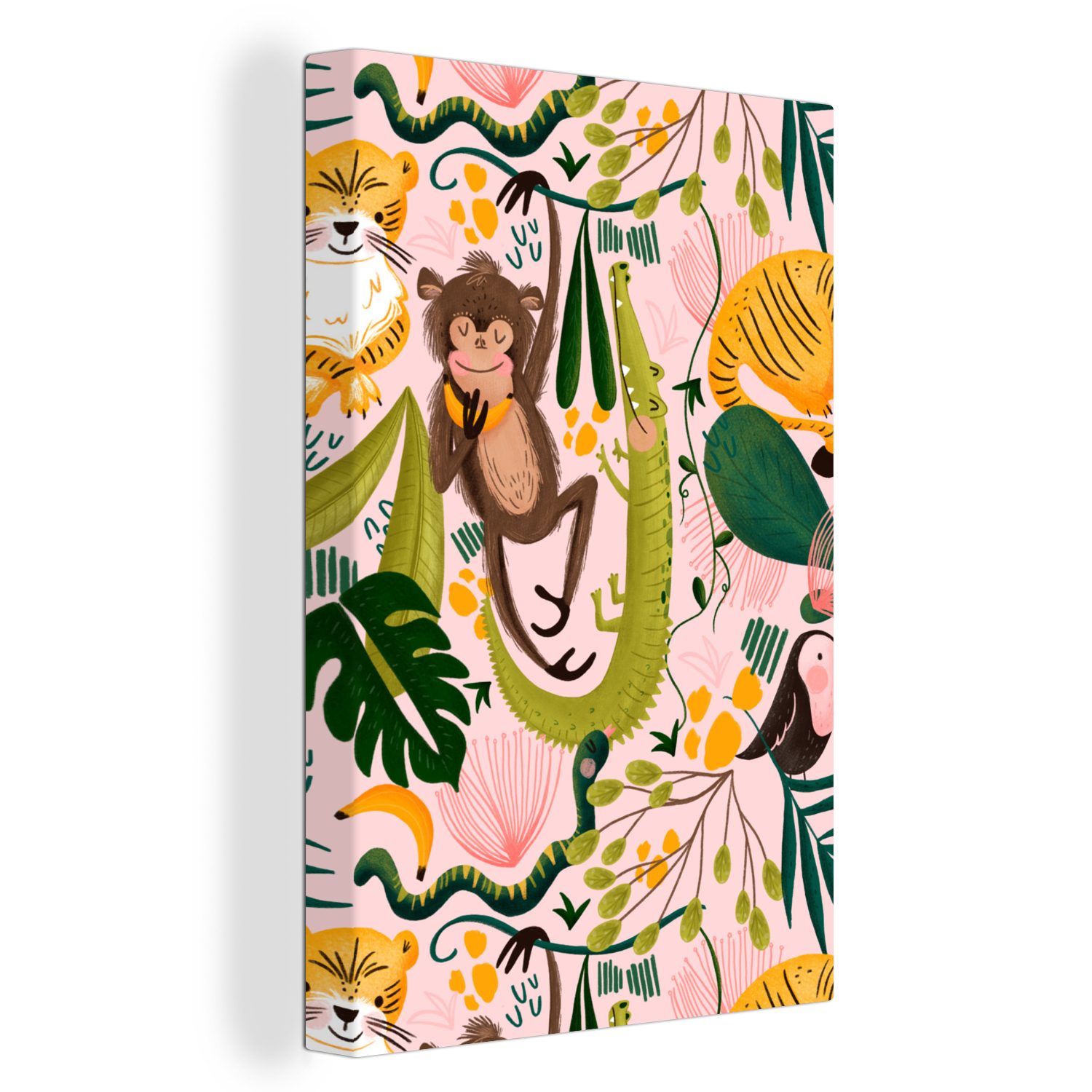 OneMillionCanvasses® Leinwandbild Dschungel - Pflanzen - Tiere - Rosa, (1 St), Leinwandbild fertig bespannt inkl. Zackenaufhänger, Gemälde, 20x30 cm