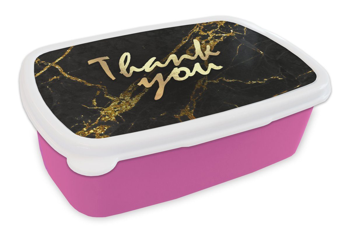 MuchoWow Lunchbox Zitate - Dank - Gold - Marmor, Kunststoff, (2-tlg), Brotbox für Erwachsene, Brotdose Kinder, Snackbox, Mädchen, Kunststoff rosa