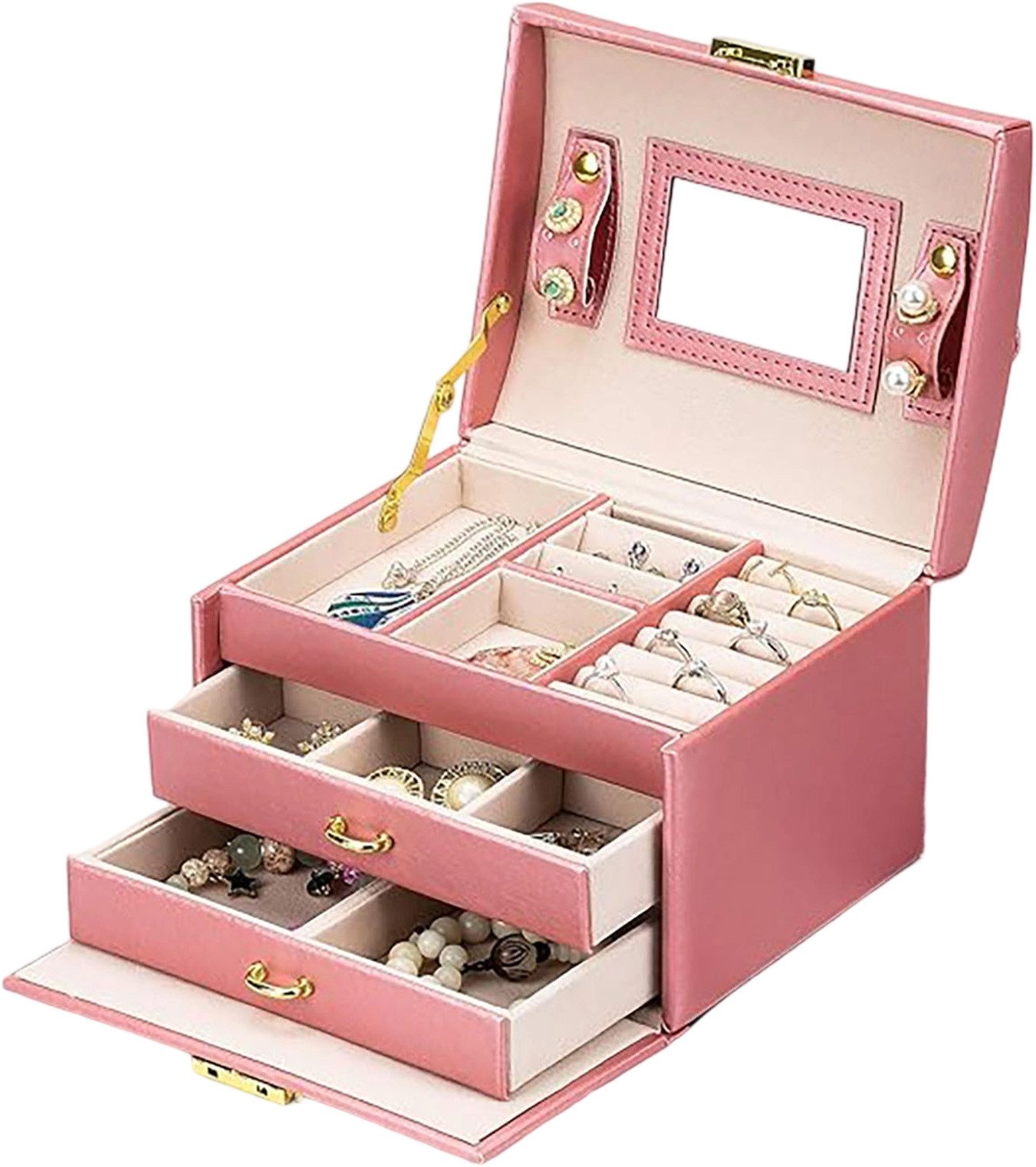 MODFU Schmucketui Schmuckkästchen Schmuckkasten Schmuckkoffer Schmuckschatulle (3 Ebenen 2 Schubladen mit Spiegel und Schloss, 1 St., Damen Schmuckbox Schmuck Etui Koffer), für Ringe Ohrringe Halsketten Armband und Armbänder