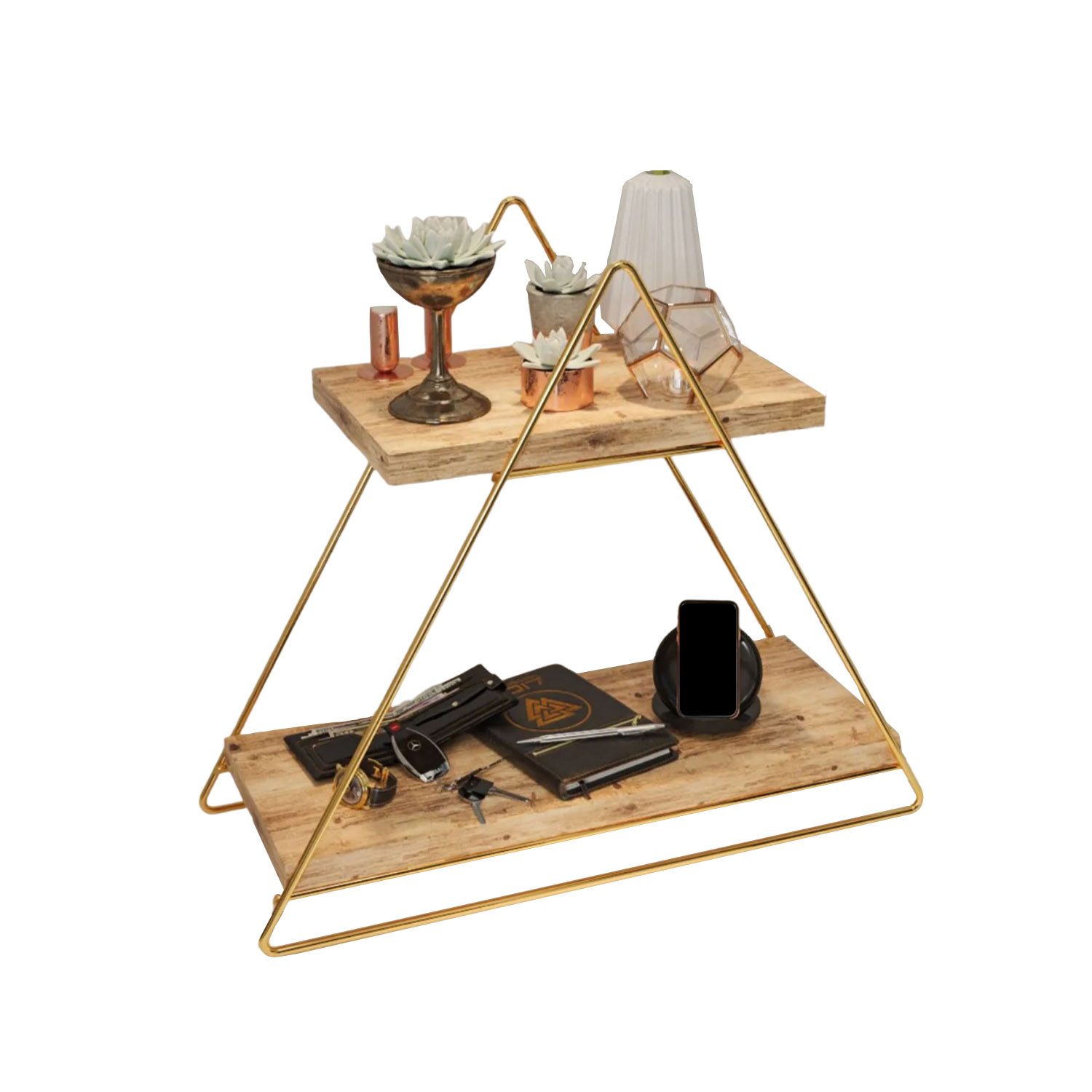 Jungengel Standregal Retro Dreiecksregal 2-Etagen Holz & Metall - Gold Tischregal Dekoregal, Massivholzregal mit goldenem Metallrahmen, 2 Ebenen