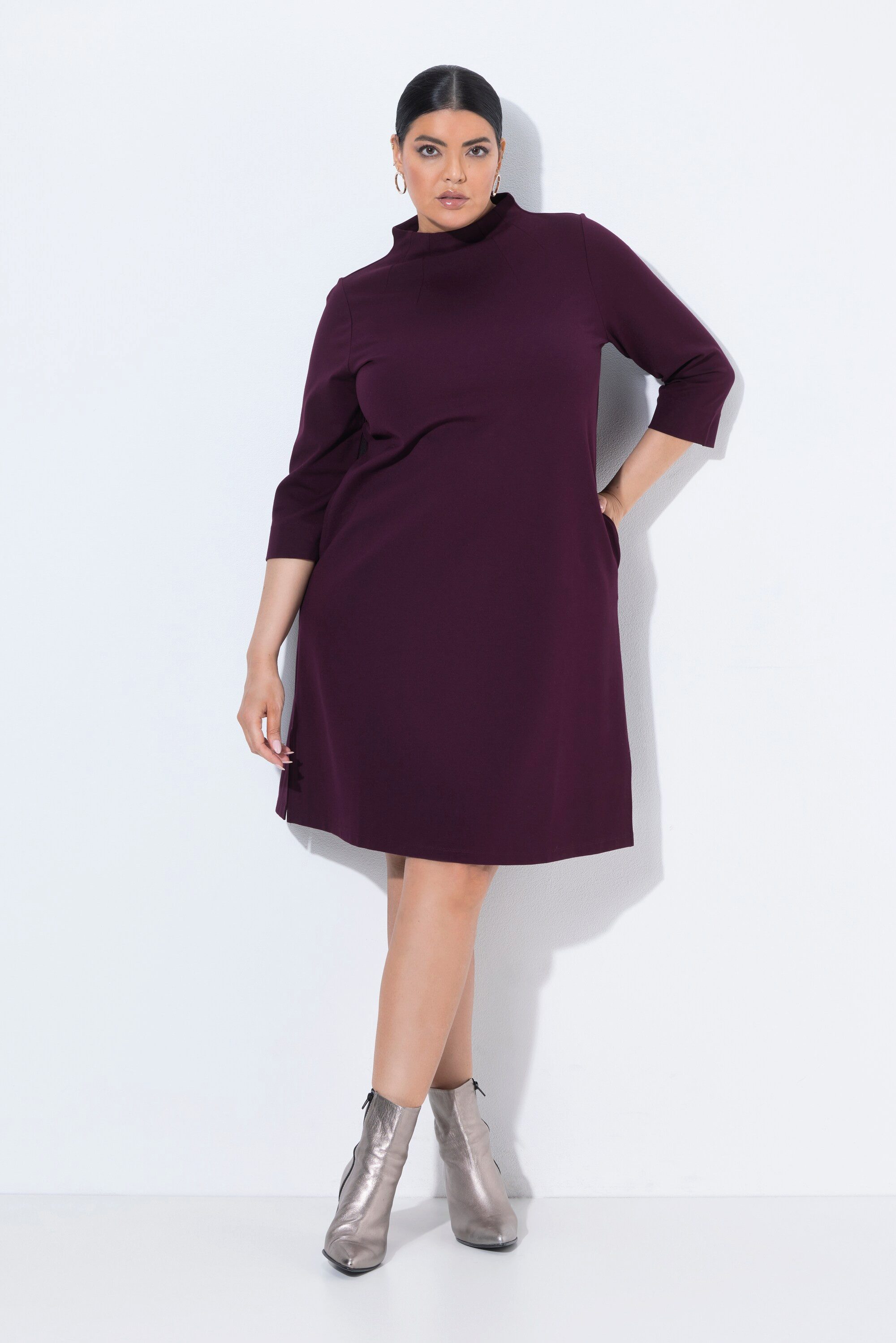 Ulla Popken Minikleid Punto-Kleid A-Linie Stehkragen 3/4-Arm Taschen