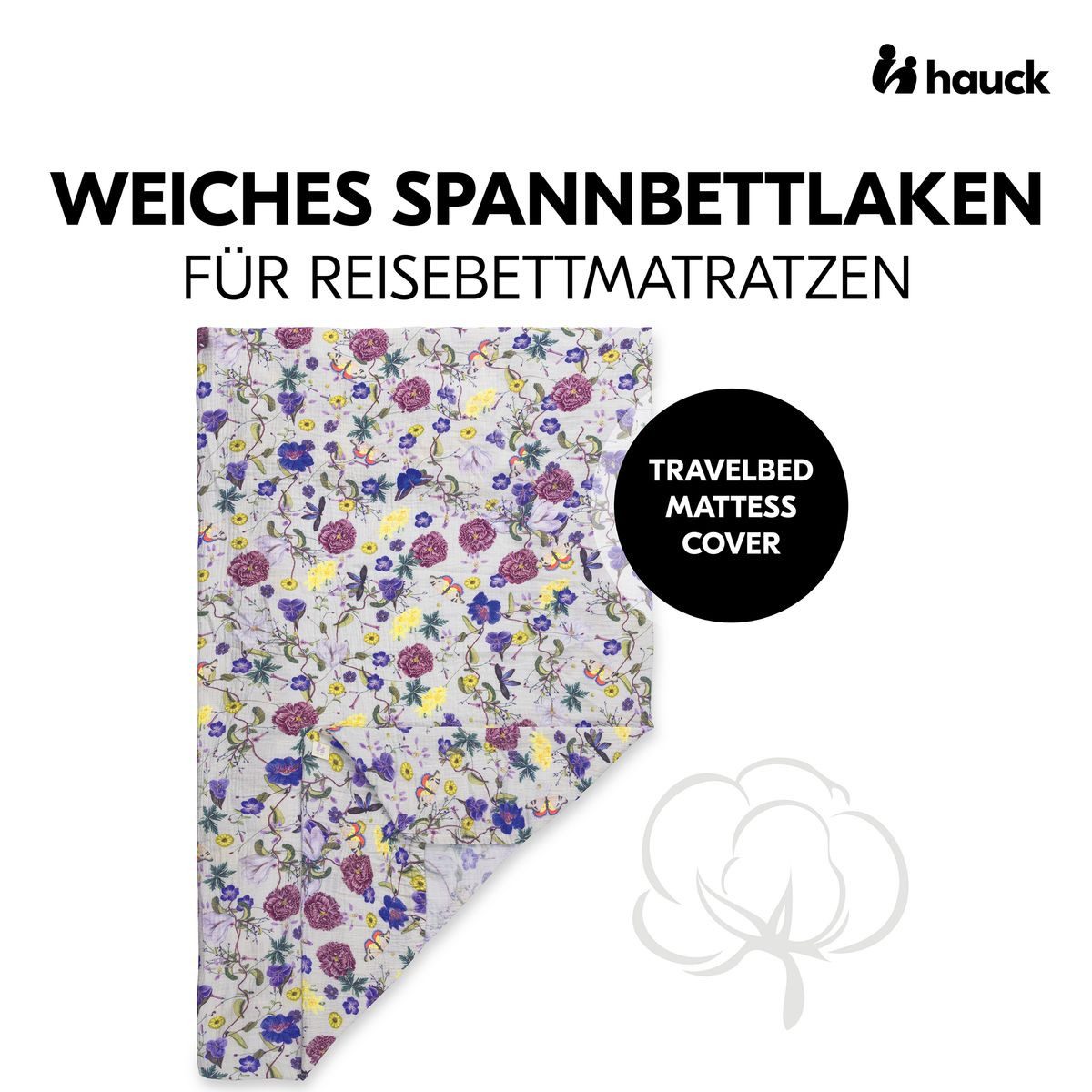 Hauck Spannbettlaken Floral Beige, Baumwolle, Gummizug: rundum, Baby Spannbetttuch Babybettlaken für Reisebett & Matratze 60x120 cm