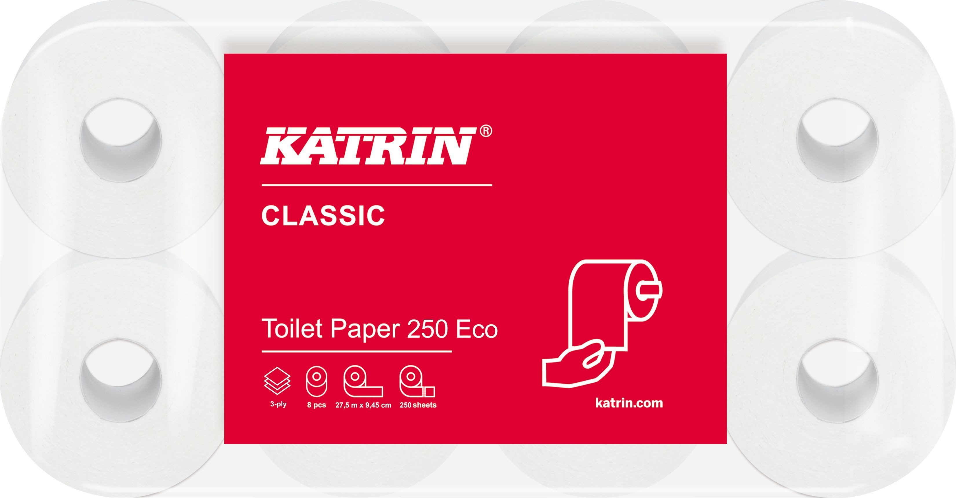 KATRIN Toilettenpapier Toilettenpapier Classic Eco - 3-lagig, weiß, 8 Rollen à 250 Blatt