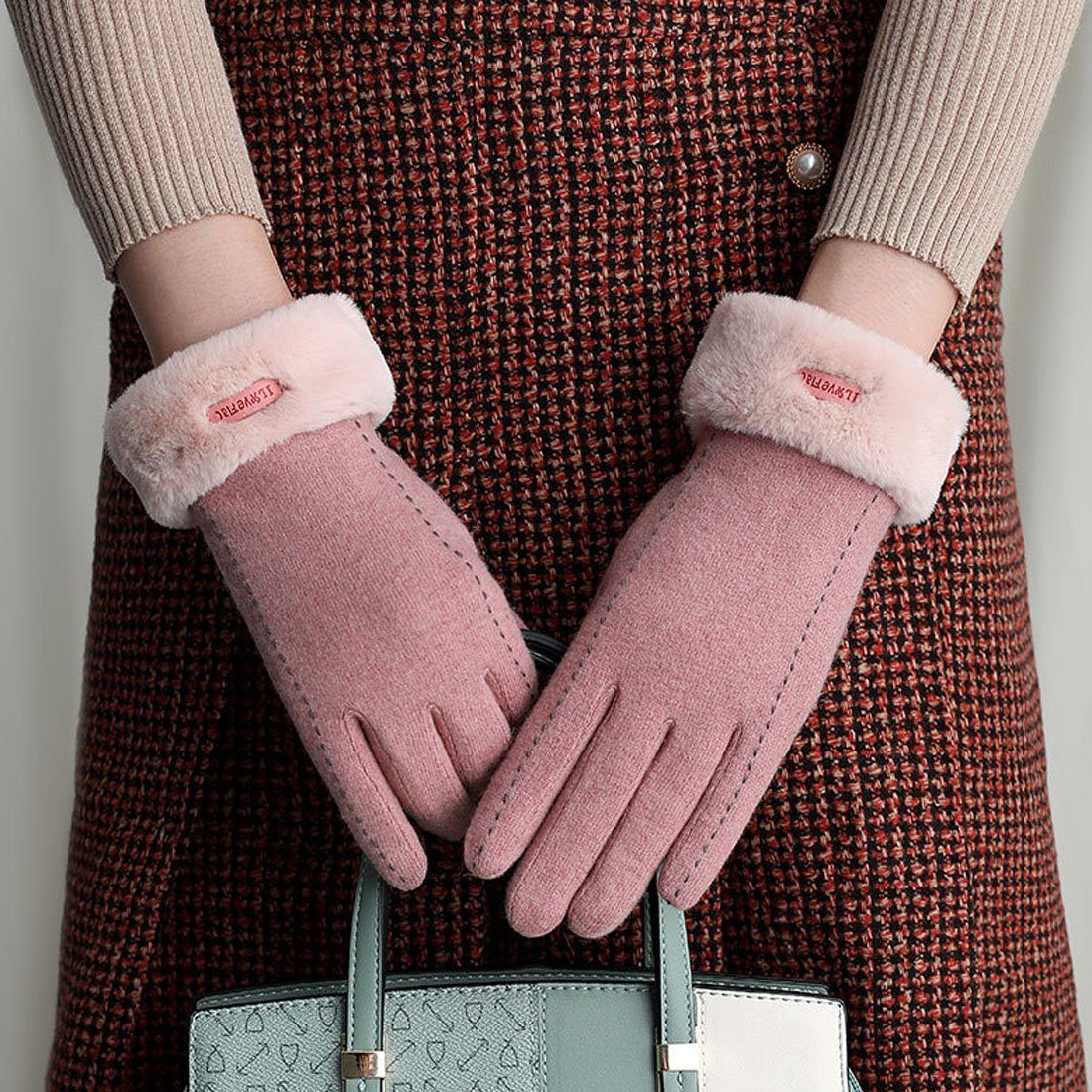 Touchscreen Cashmere Winter Fleecehandschuhe Damen DÖRÖY Reithandschuhe,Faux Warme Handschuhe Rosa