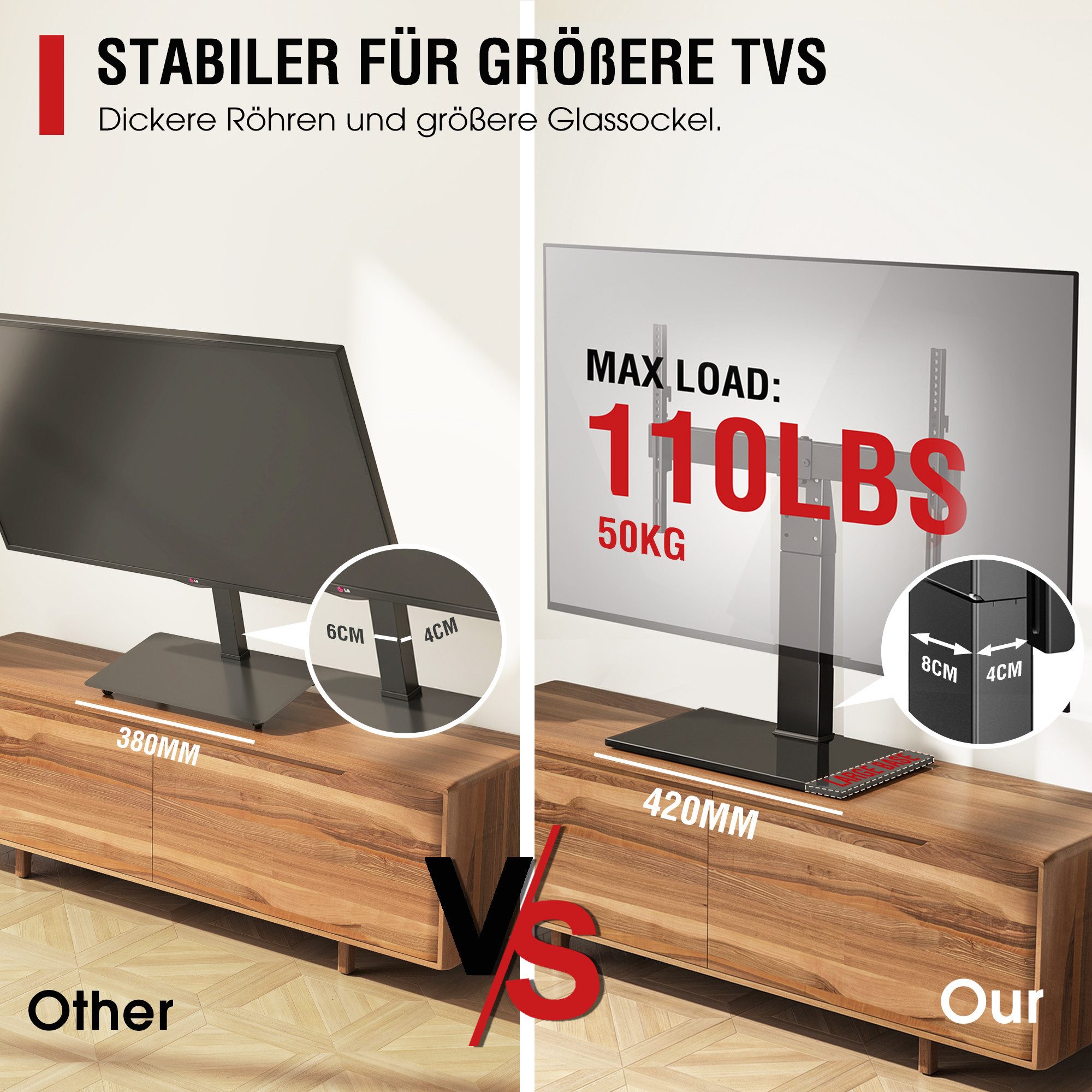 AOKCOS TV-Ständer höhenverstellbar, ±25° schwenkbar, 32-75 Zoll, (bis 75 Zoll, rutschfeste Füße, Tisch-TV-Ständer) – Bild 4 von 5