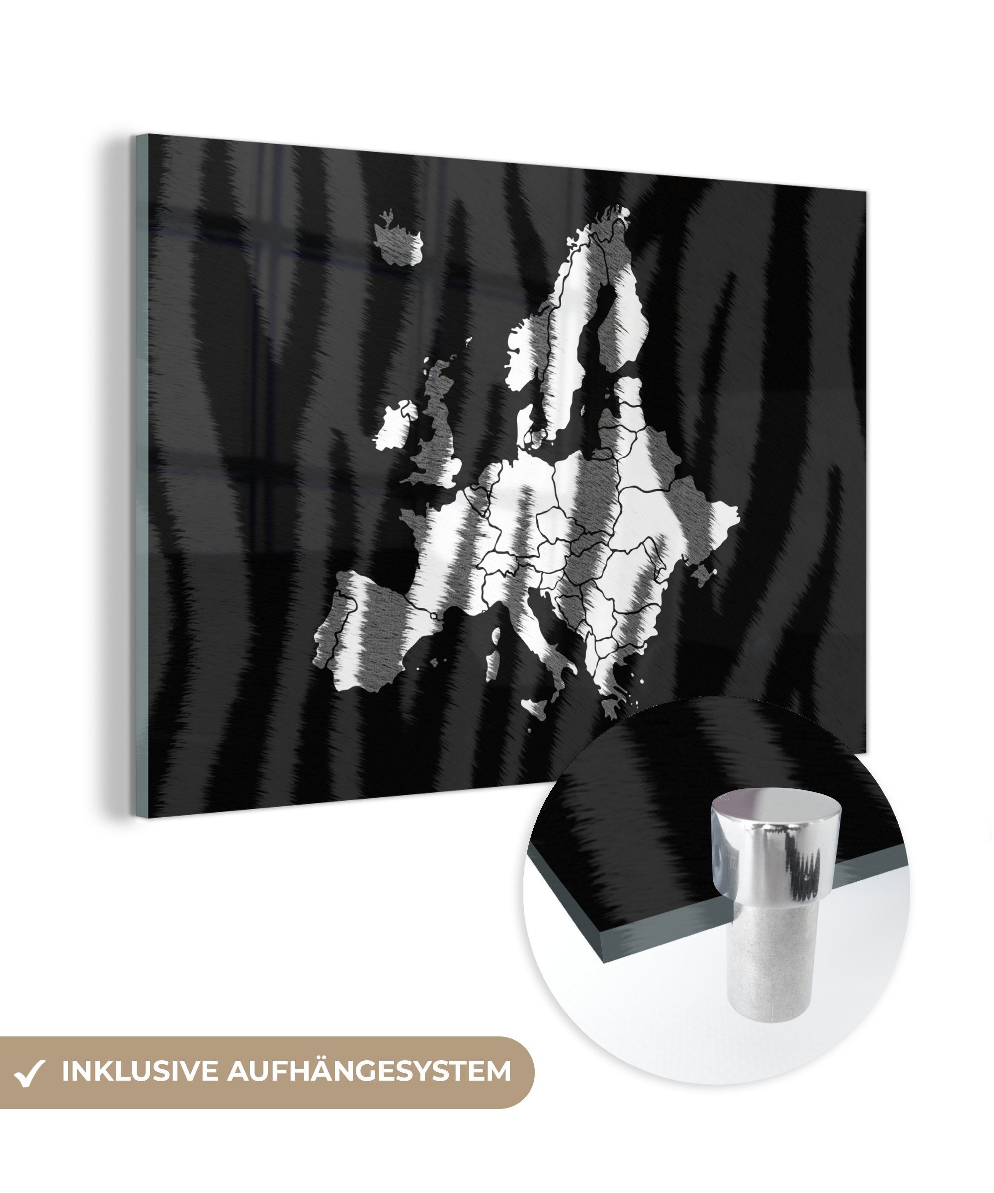 MuchoWow Acrylglasbild Karte - Europa - Zebra, (1 St), Acrylglasbilder Wohnzimmer & Schlafzimmer